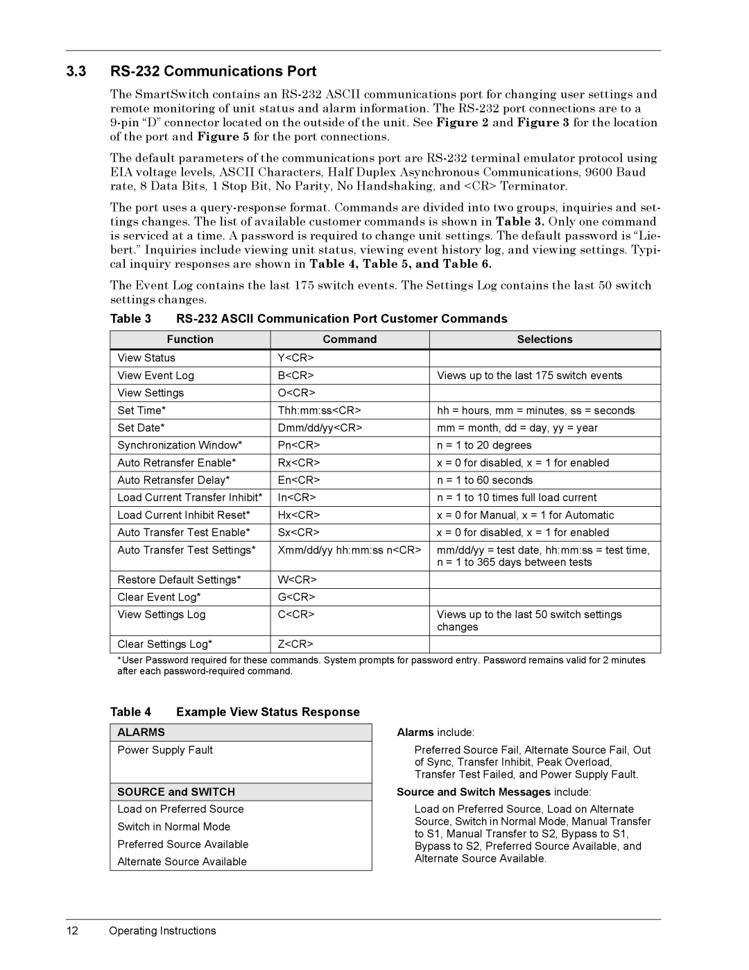 Liebert SmartSwitchTM operation manual RS-232 Communications Port, RS-232 Ascii Communication Port Customer Commands 