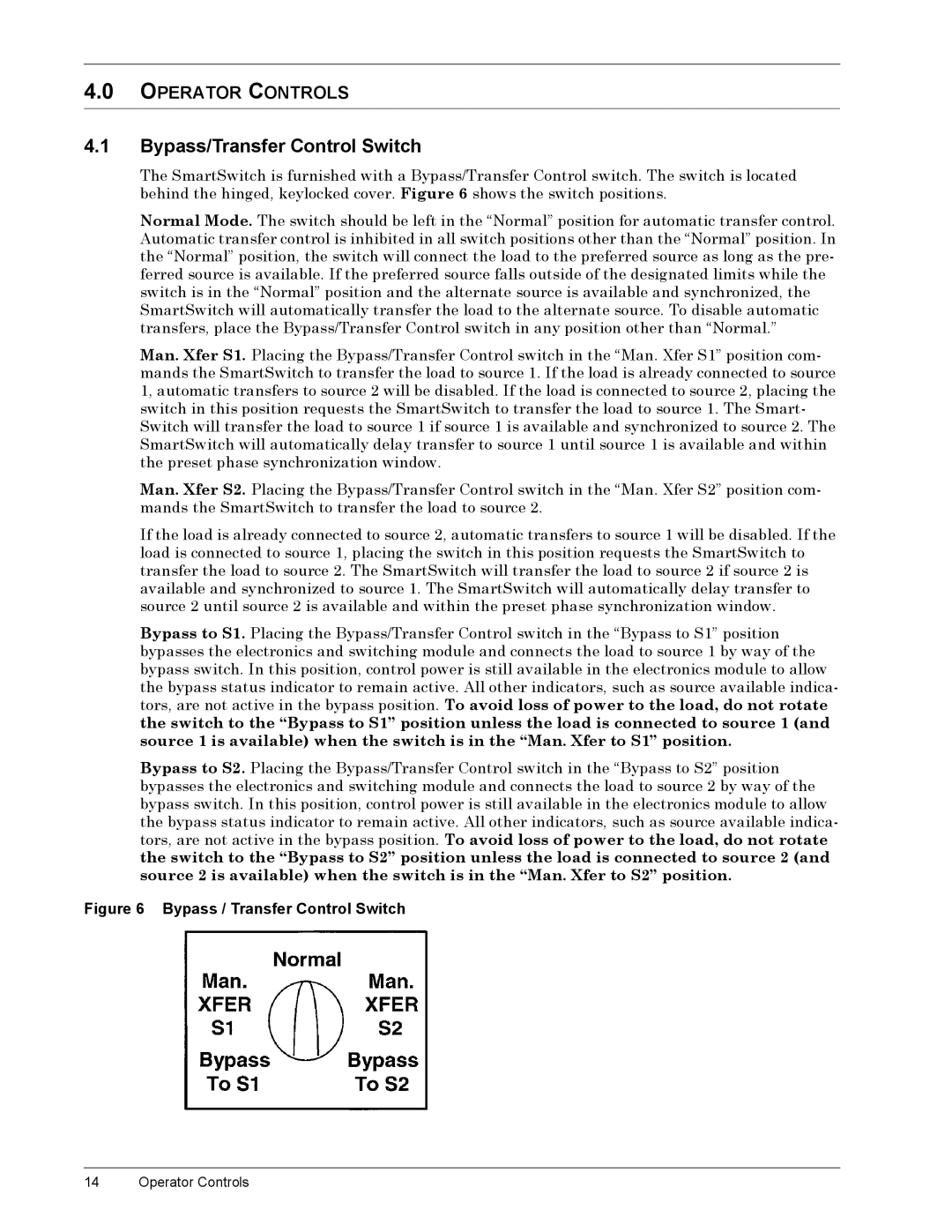 Liebert SmartSwitchTM operation manual Bypass/Transfer Control Switch, Operator Controls 