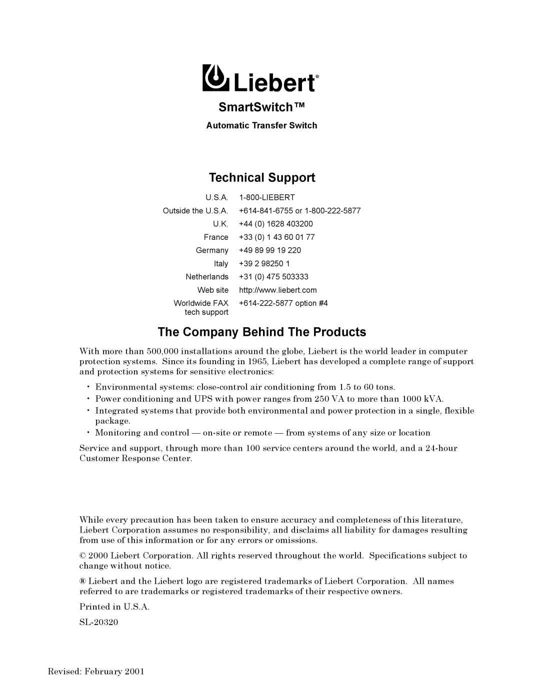 Liebert SmartSwitchTM operation manual Technical Support, Automatic Transfer Switch 