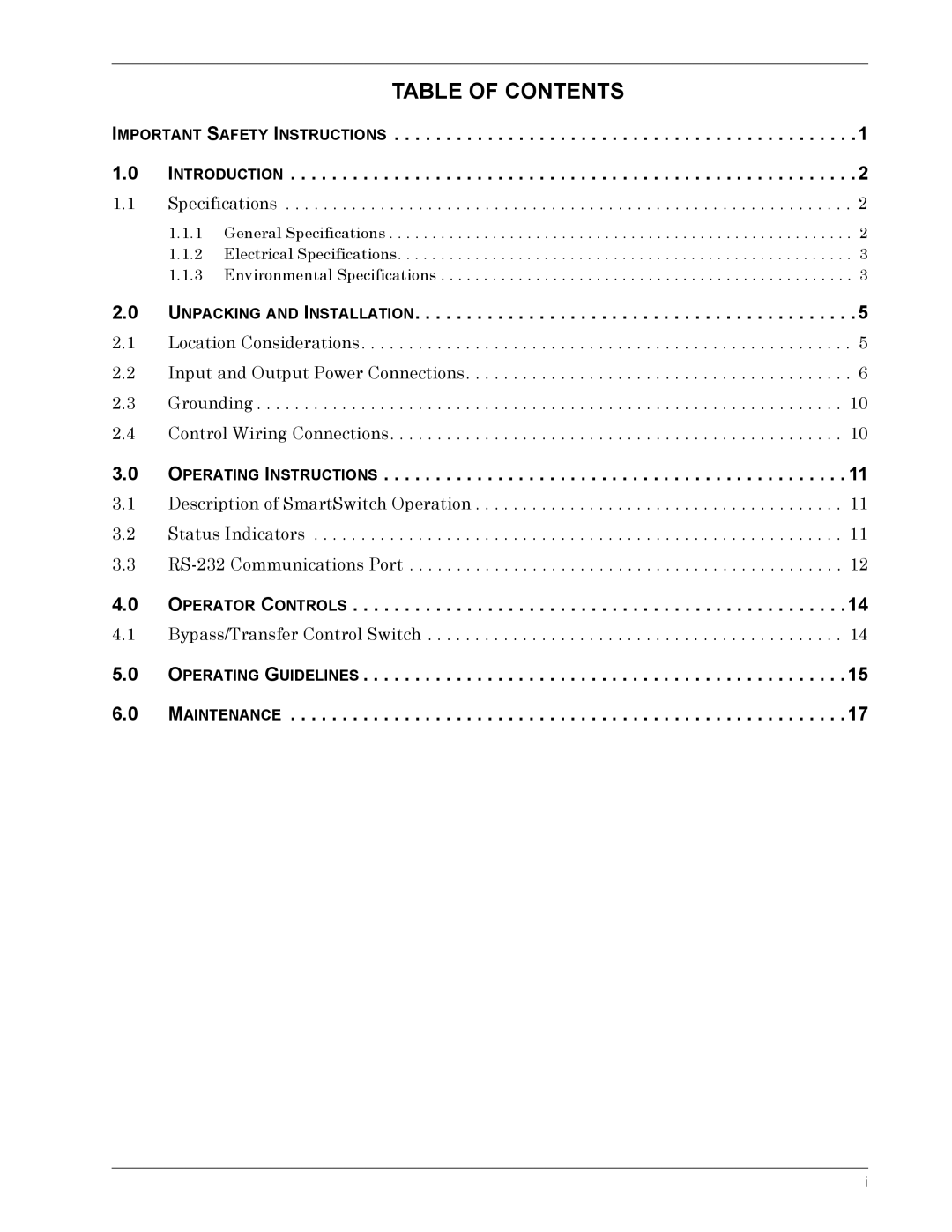 Liebert SmartSwitchTM operation manual Table of Contents 