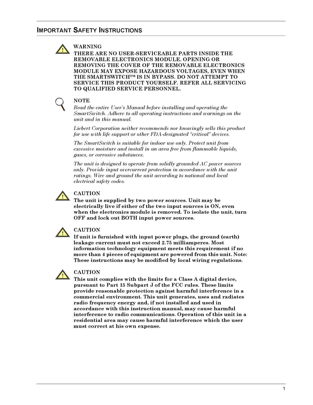 Liebert SmartSwitchTM operation manual Important Safety Instructions 