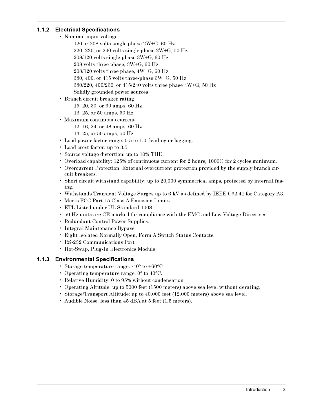 Liebert SmartSwitchTM operation manual Electrical Specifications 