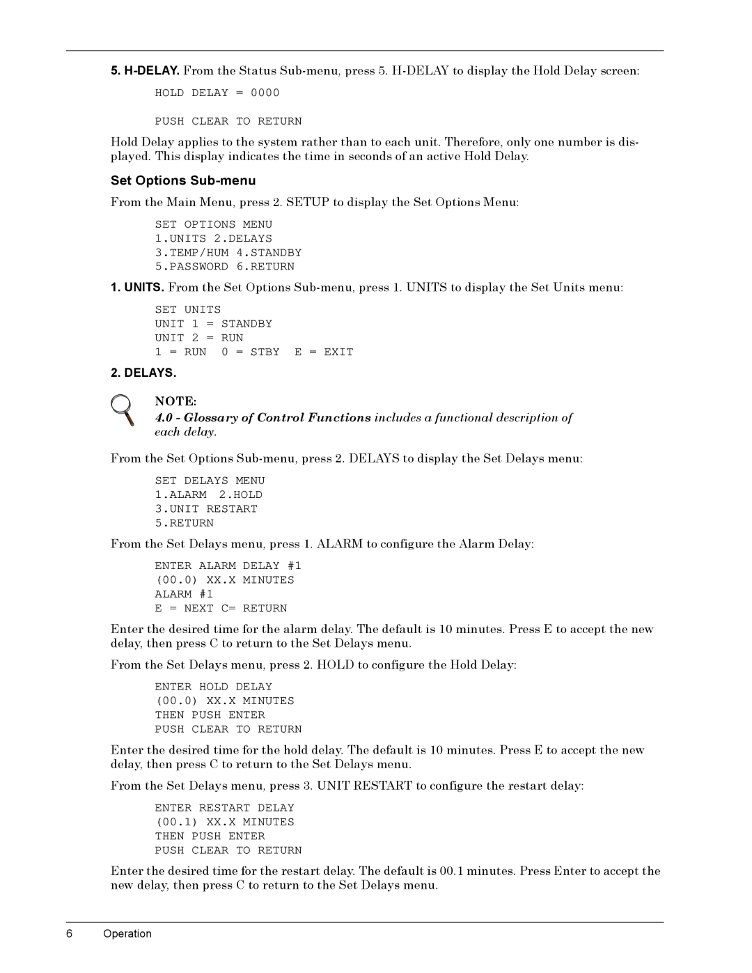 Liebert TELE2 manual 6HWý2SWLRQVý6XEðPHQX, Hold Delay = Push Clear to Return, SET Units Unit 1 = Standby Unit 2 = RUN 