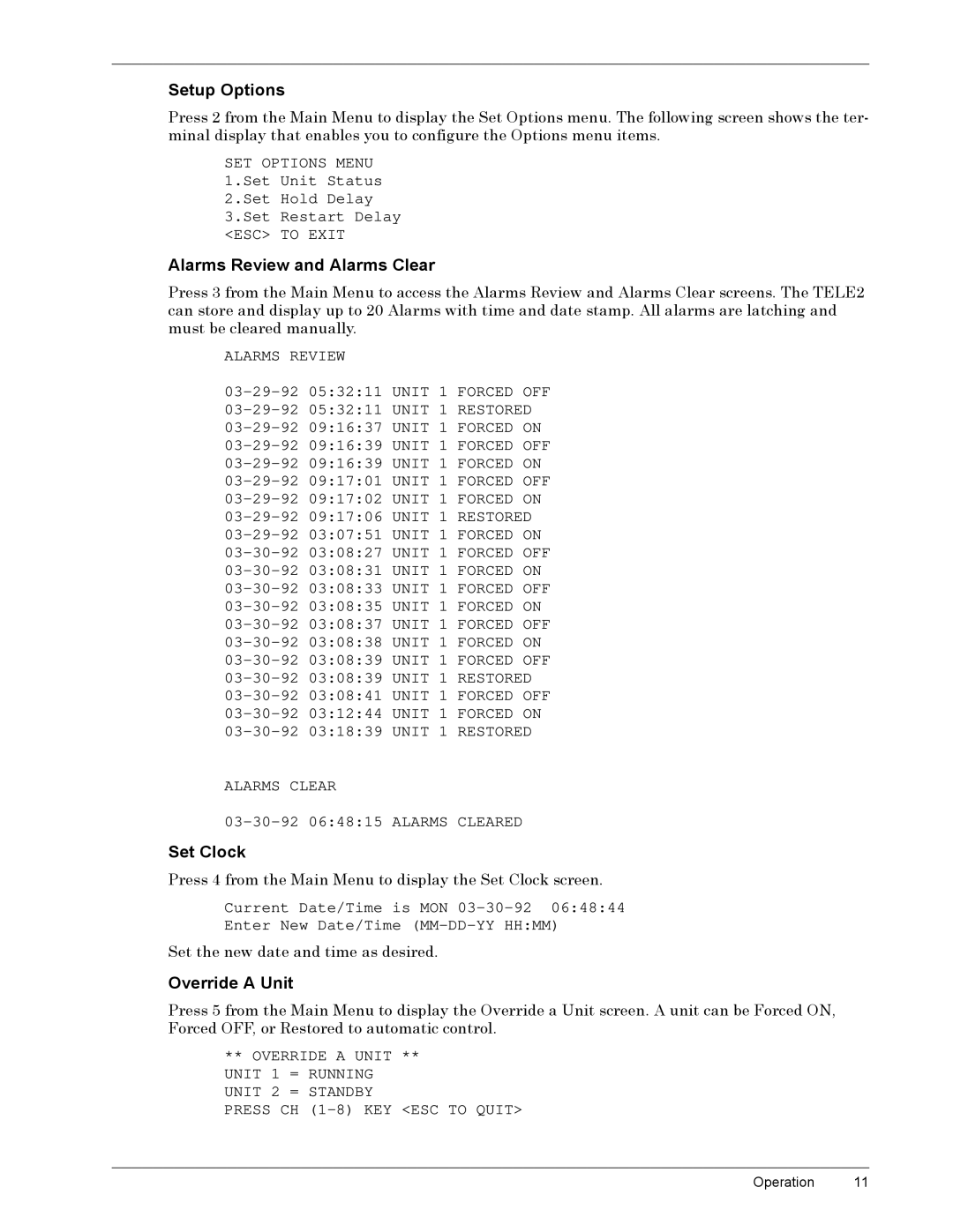 Liebert TELE2 manual 6HWXSý2SWLRQVý, $ODUPVý5HYLHZýDQGý$ODUPVý&OHDU, 6HWý&ORFN, 2YHUULGHý$ý8QLW 