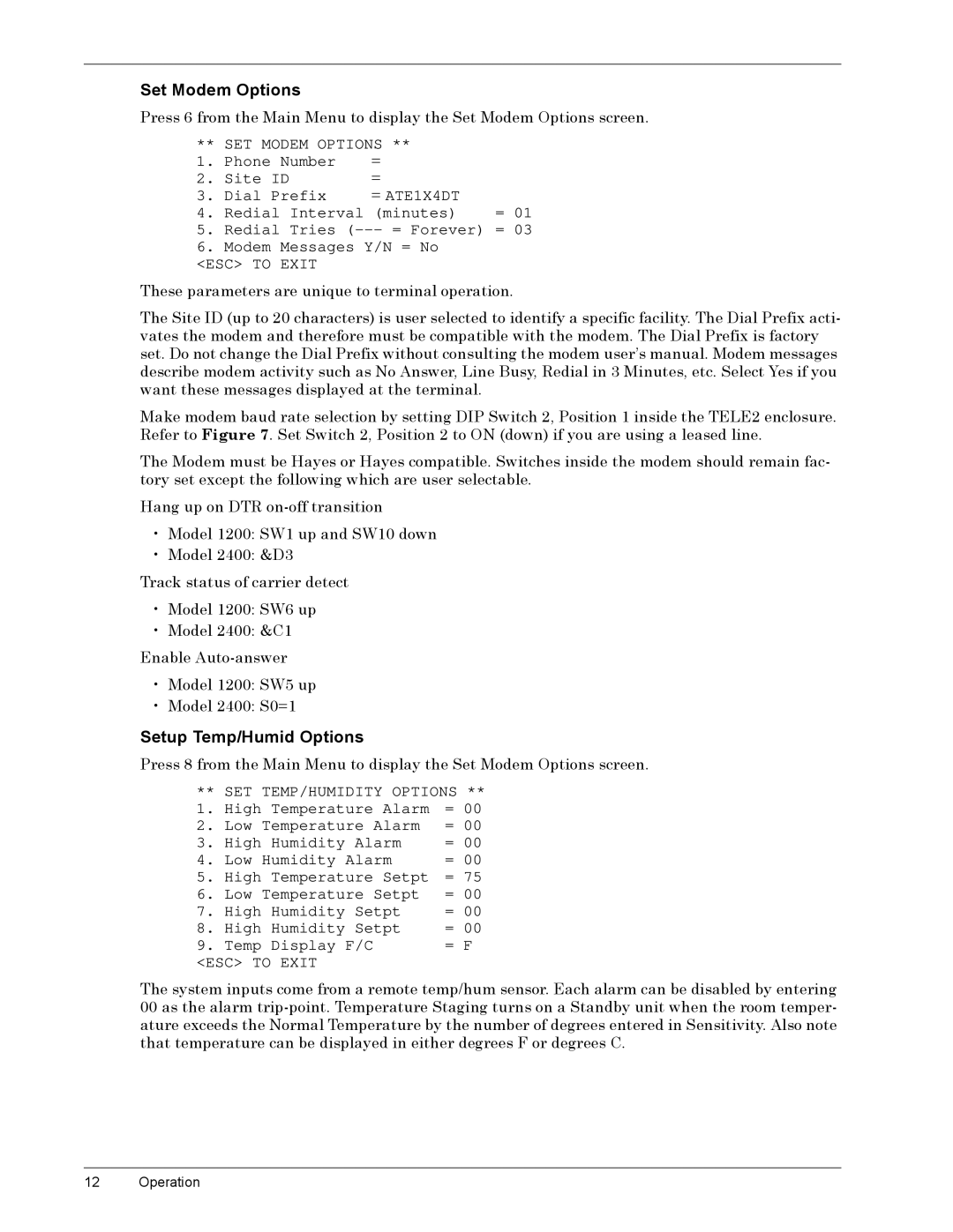 Liebert TELE2 manual 6HWý0RGHPý2SWLRQV, 6HWXSý7HPSî+XPLGý2SWLRQV, SET Modem Options, #ATE1X4DT, SET TEMP/HUMIDITY Options 