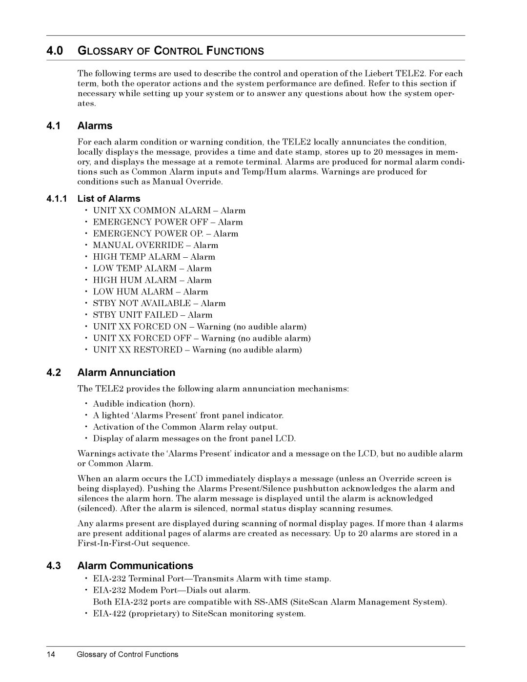 Liebert TELE2 manual Éïì $ODUPV, Éïë $ODUPý$QQXQFLDWLRQ, Éïê $ODUPý&RPPXQLFDWLRQV, Éïí */266$5ý2ý&21752/ý81&7,216 