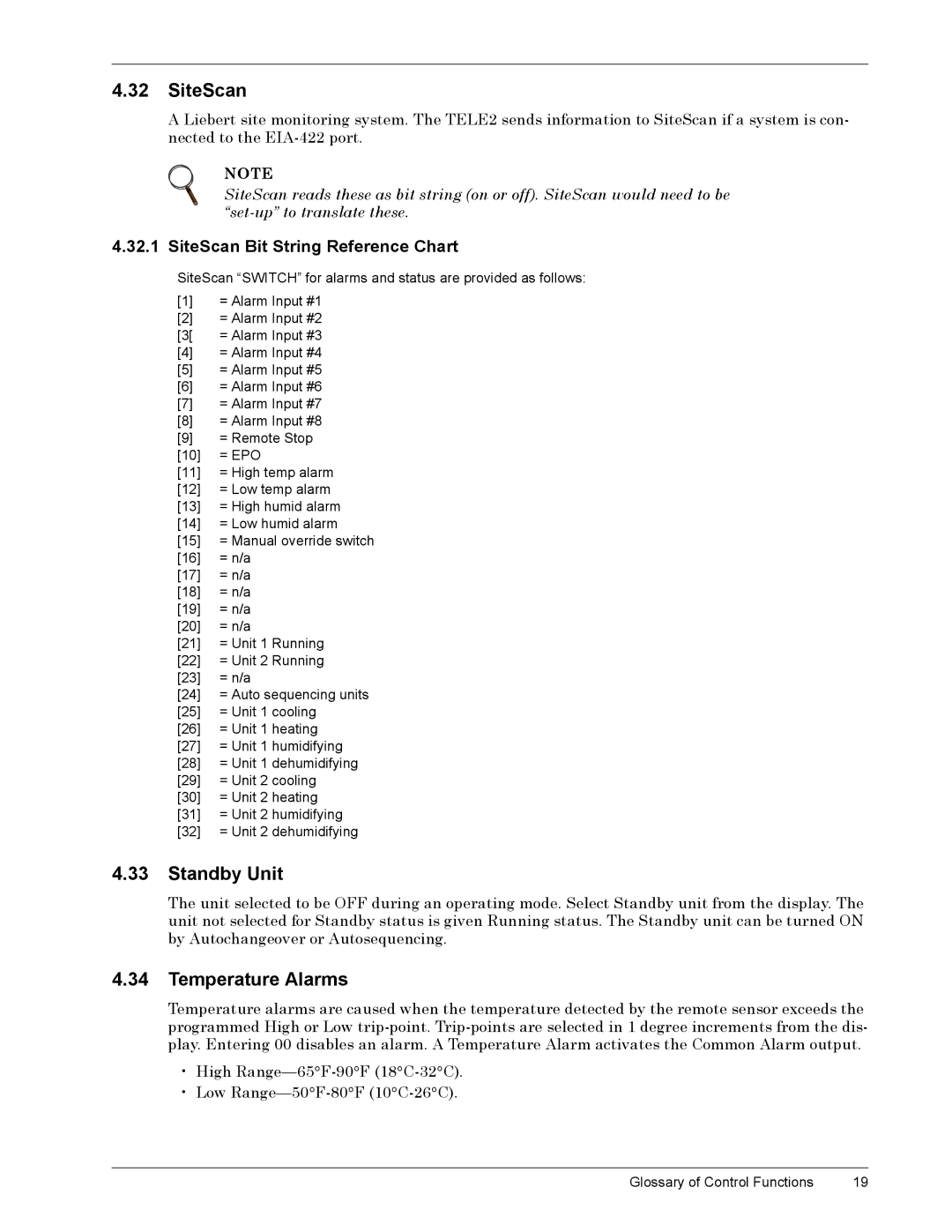 Liebert TELE2 manual Éïêë 6LWH6FDQ, Éïêê 6WDQGE\ý8QLW, Éïêé 7HPSHUDWXUHý$ODUPV, Éïêëïì 6LWH6FDQý%LWý6WULQJý5HIHUHQFHý&KDUW 