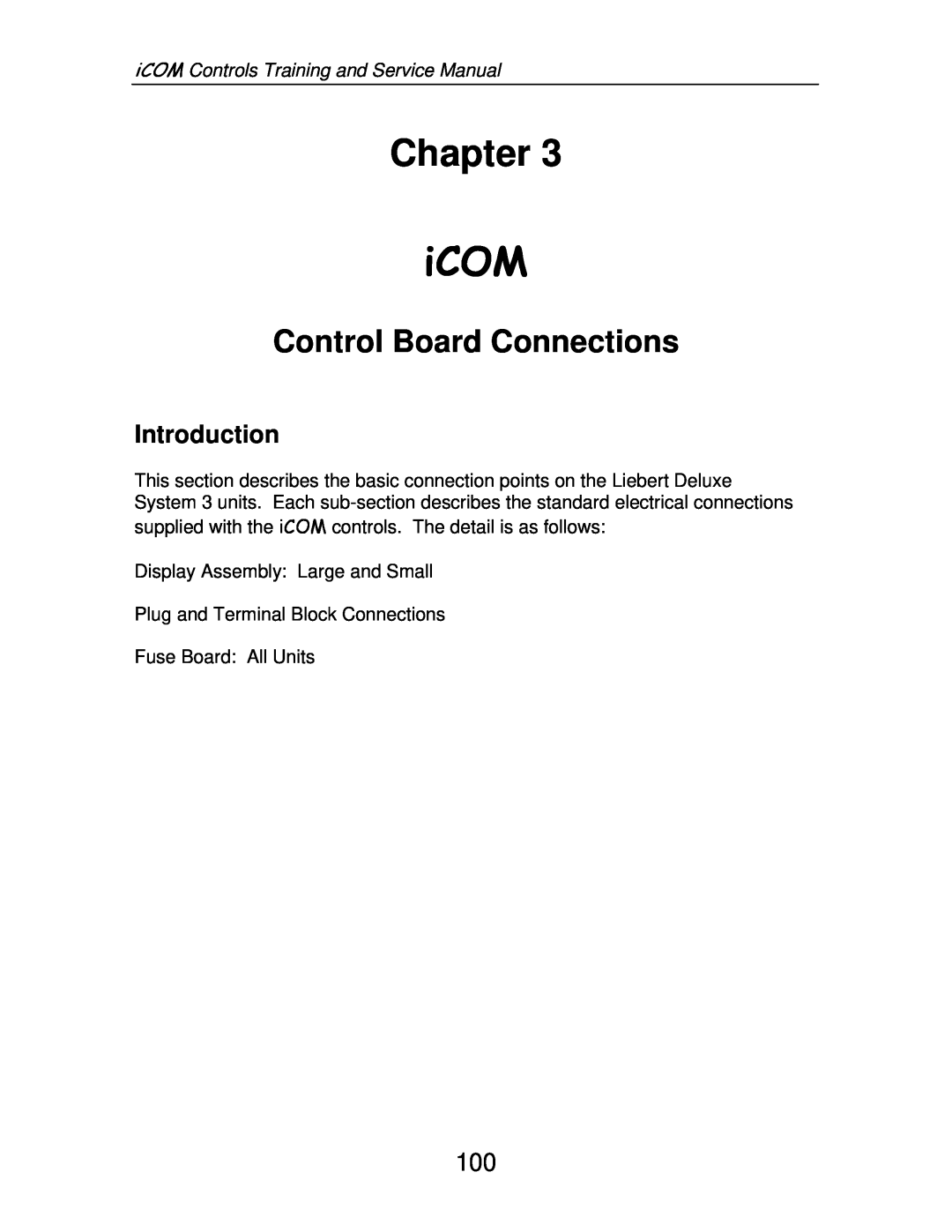 Liebert TM-10098 Chapter, Control Board Connections, Introduction, iCOM Controls Training and Service Manual 