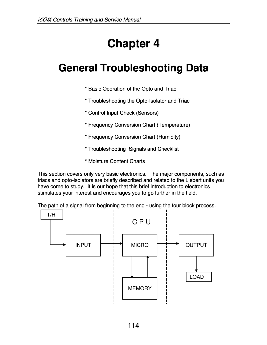 Liebert TM-10098 service manual Chapter, General Troubleshooting Data, C P U, iCOM Controls Training and Service Manual 