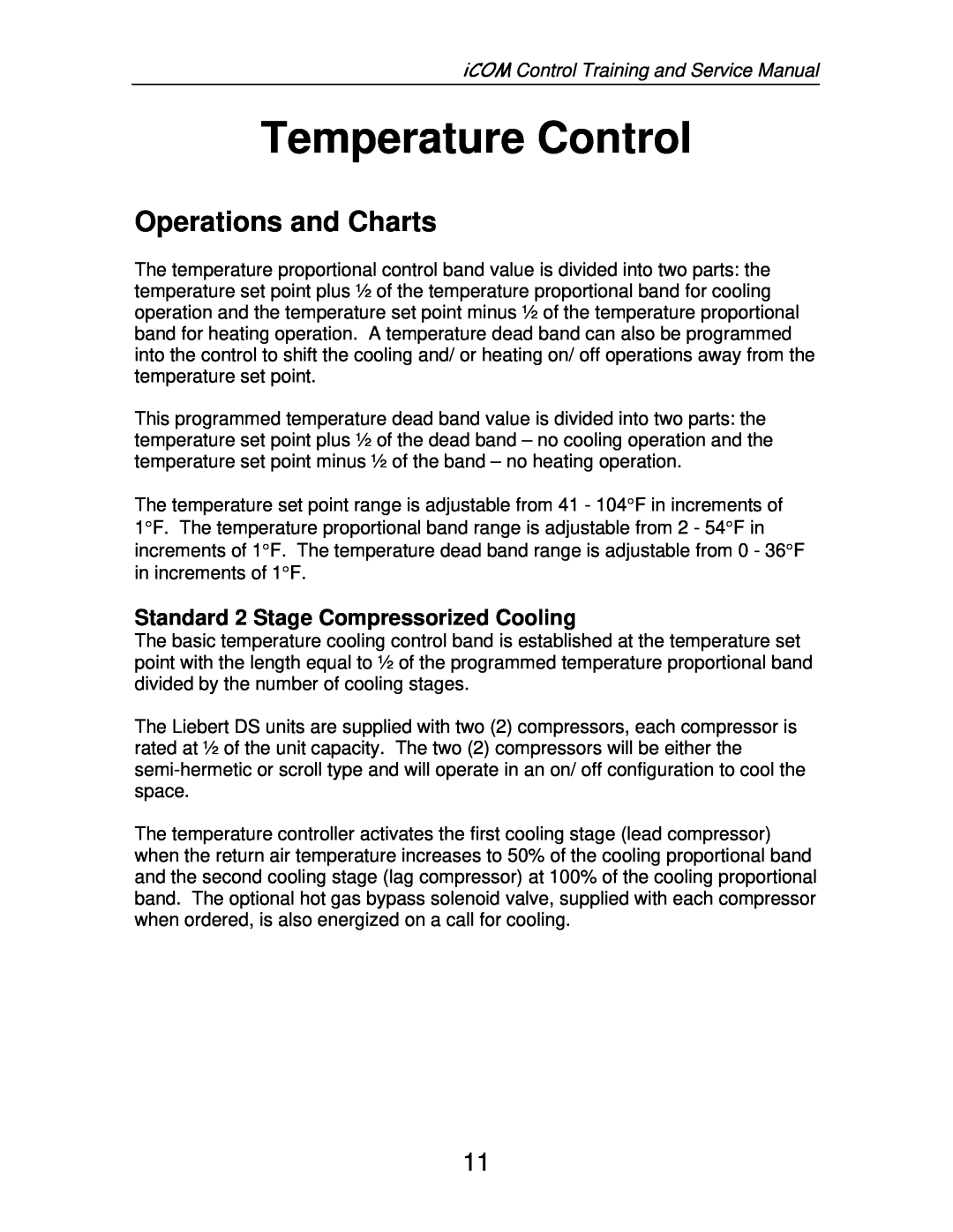 Liebert TM-10098 service manual Temperature Control, Operations and Charts, iCOM Control Training and Service Manual 