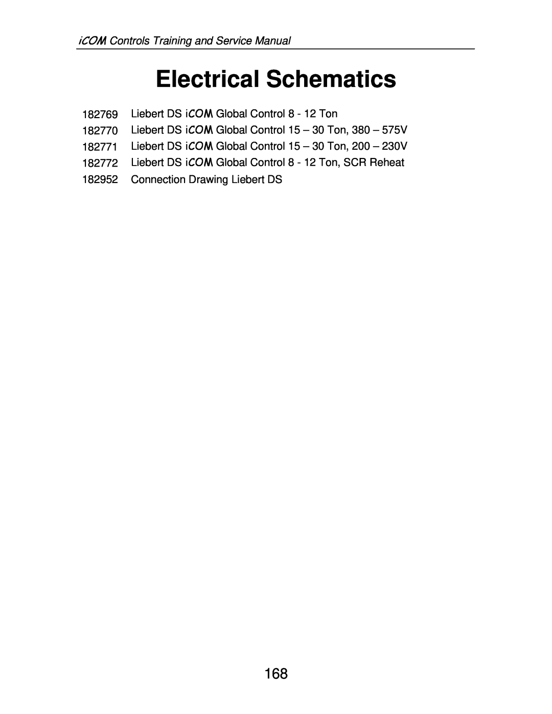 Liebert TM-10098 service manual Electrical Schematics, iCOM Controls Training and Service Manual 
