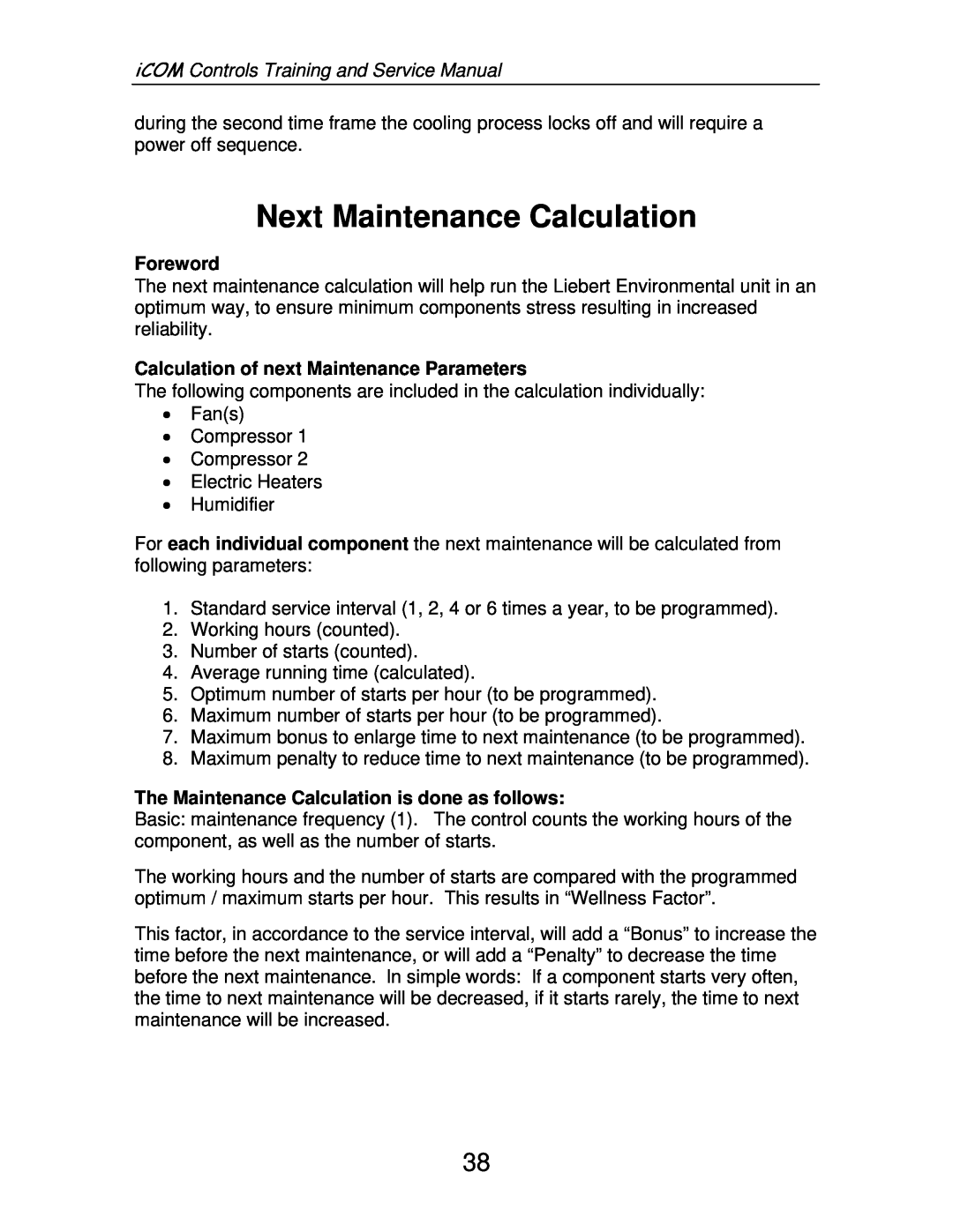 Liebert TM-10098 service manual Next Maintenance Calculation, iCOM Controls Training and Service Manual, Foreword 