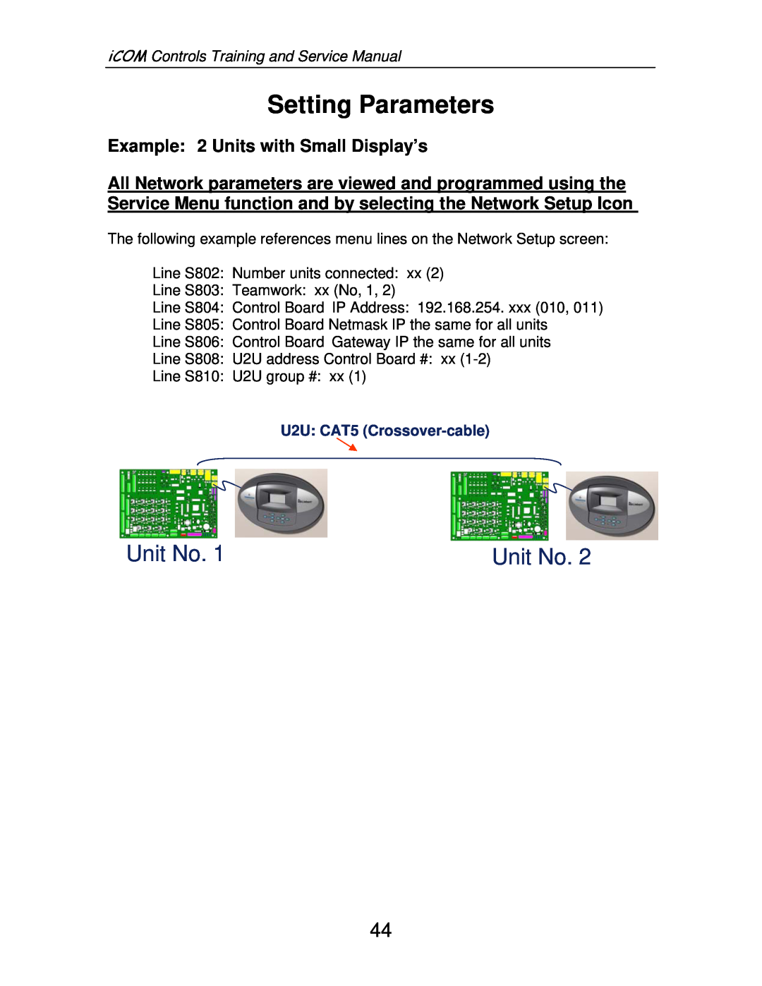 Liebert TM-10098 Setting Parameters, Unit No, iCOM Controls Training and Service Manual, U2U: CAT5 Crossover-cable 