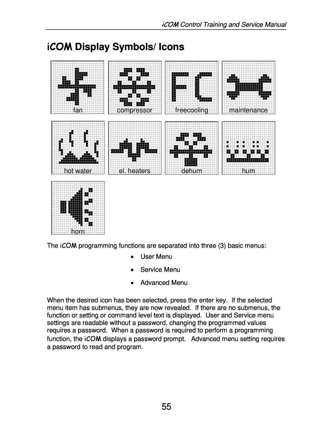 Liebert TM-10098 service manual iCOM Display Symbols/ Icons, iCOM Control Training and Service Manual 