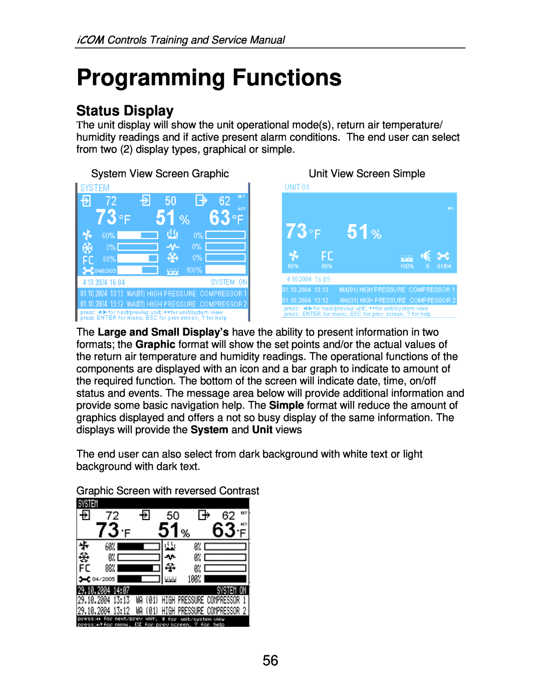 Liebert TM-10098 service manual Programming Functions, Status Display 