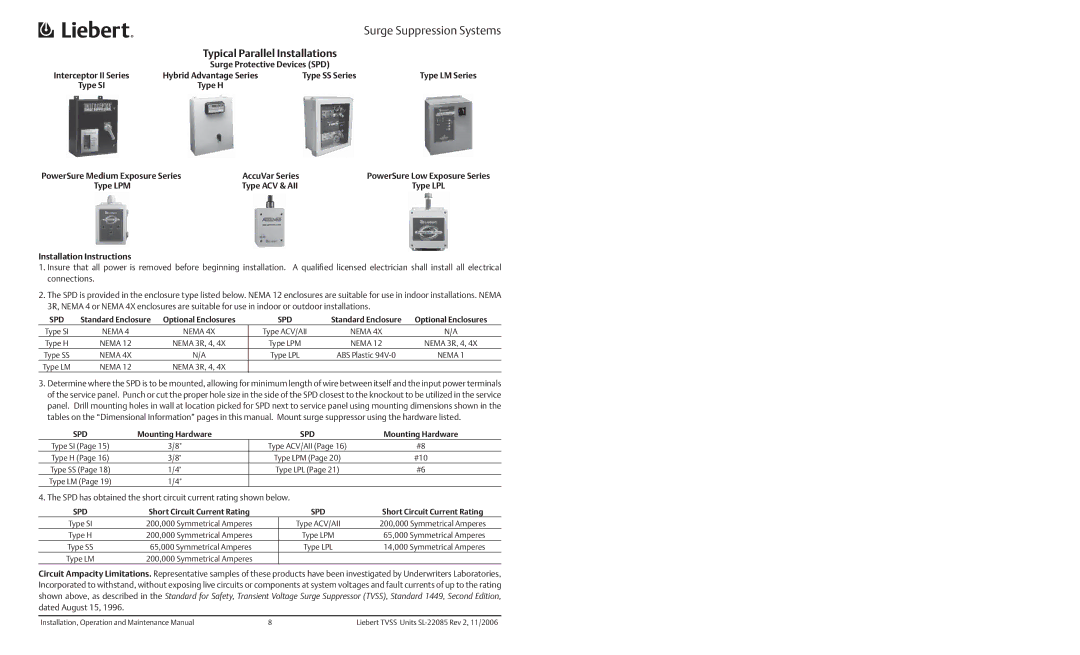 Liebert Interceptor II, Type SS, ATF Series Surge Suppression Systems, Type LM Series, AccuVar Series, Type ACV & AII 