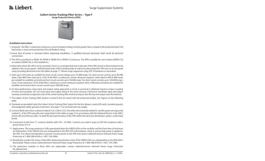 Liebert LM, Type SS Liebert Active Tracking Filter Series Type F, Surge Protective Device SPD Installation Instructions 