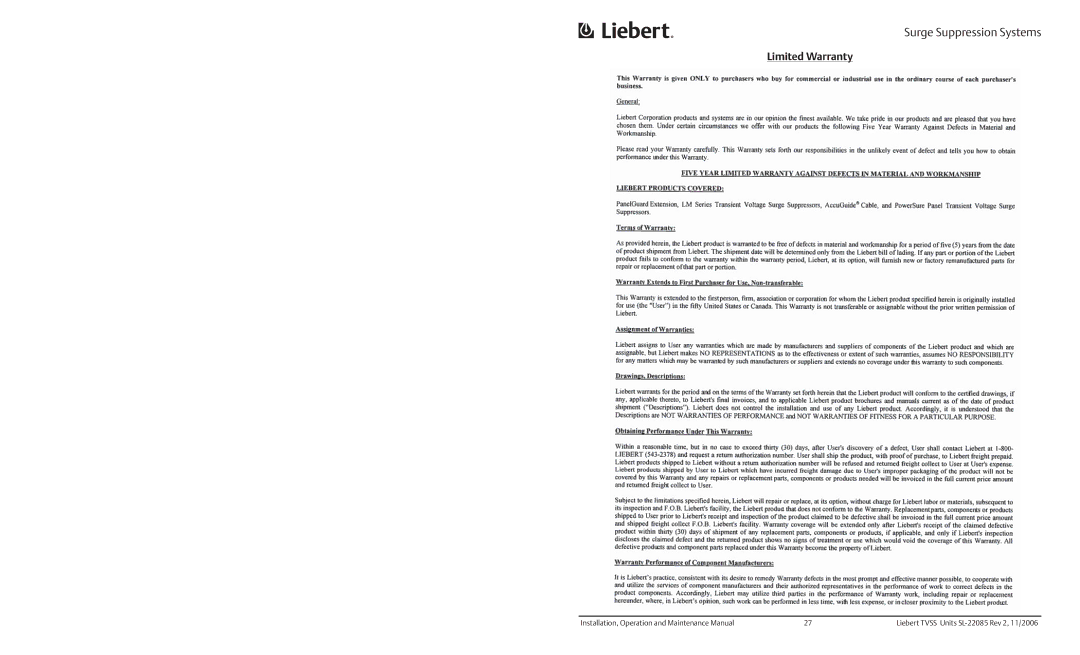 Liebert PanelGuard Extension, Type SS, SAD Hybrid Advantage, Interceptor II, LM, AccuVar, ATF Series Surge Suppression Systems 