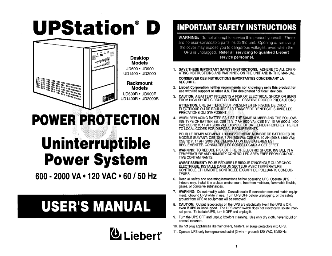 Liebert UD2000R, UD900R, UD1400R, UD600R manual 