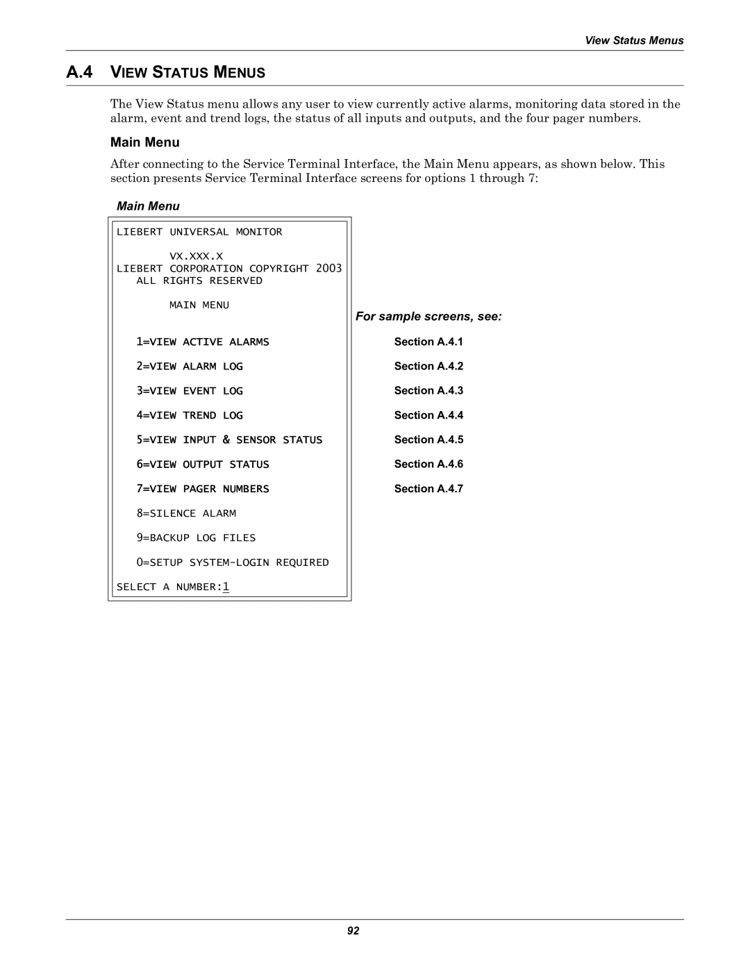 Liebert Universal Monitor user manual View Status Menus, Main Menu 