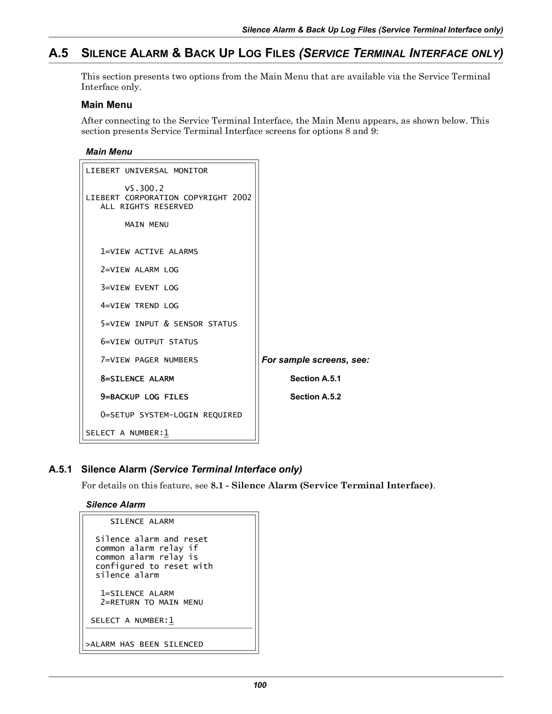 Liebert Universal Monitor user manual Silence Alarm, Section A.5.1 Section A.5.2 