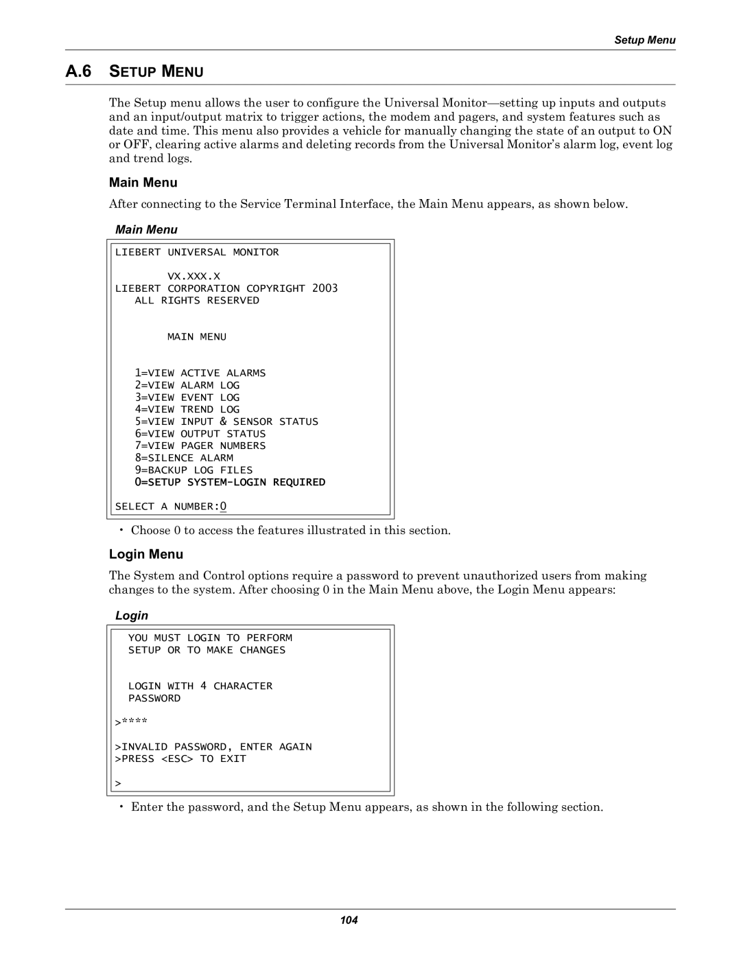 Liebert Universal Monitor user manual Setup Menu, Login Menu 