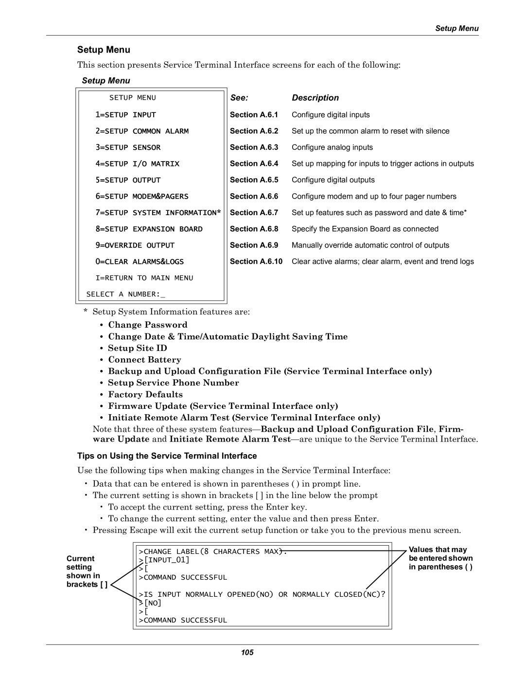 Liebert Universal Monitor user manual Setup Menu, See Description, Tips on Using the Service Terminal Interface 