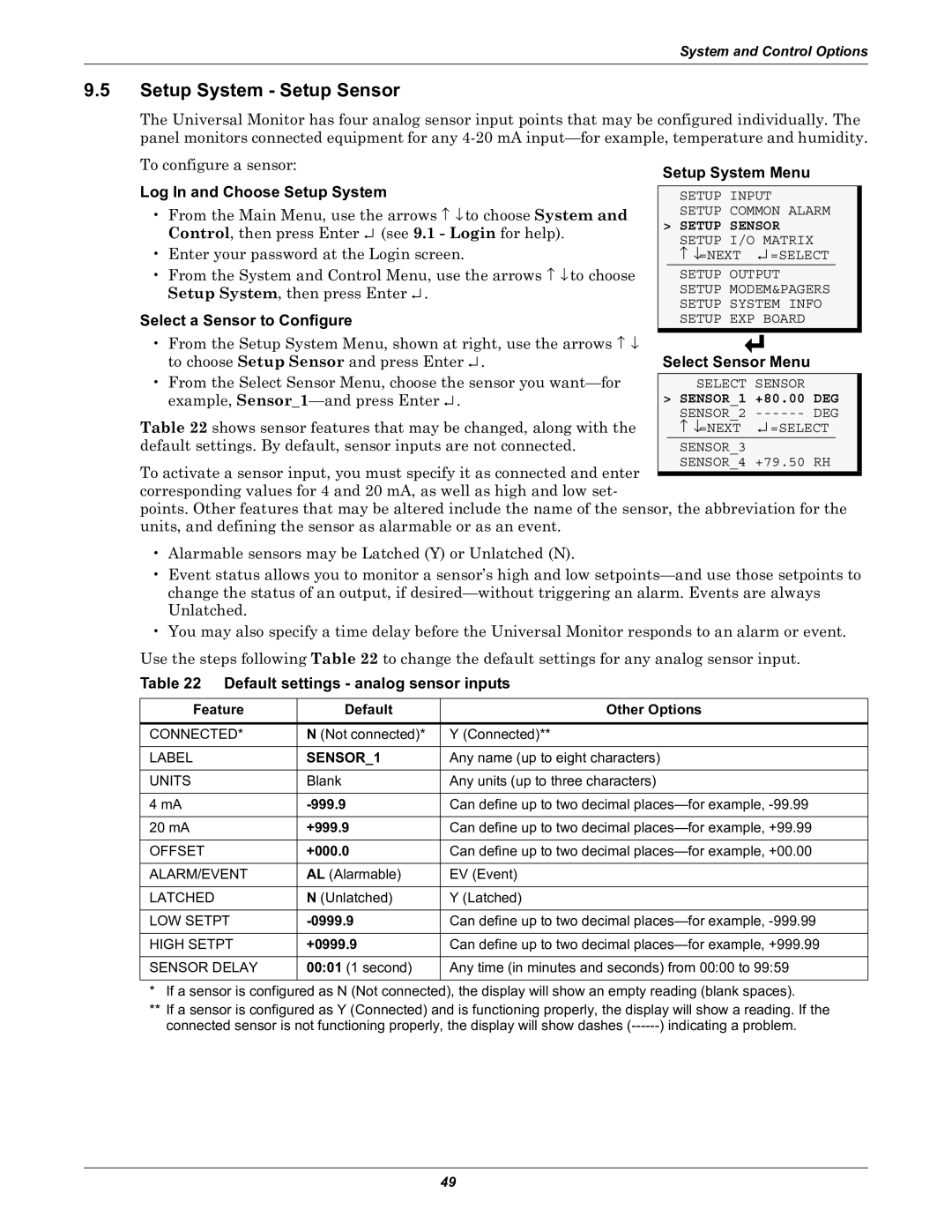 Liebert Universal Monitor Setup System Setup Sensor, Select a Sensor to Configure, Default settings analog sensor inputs 