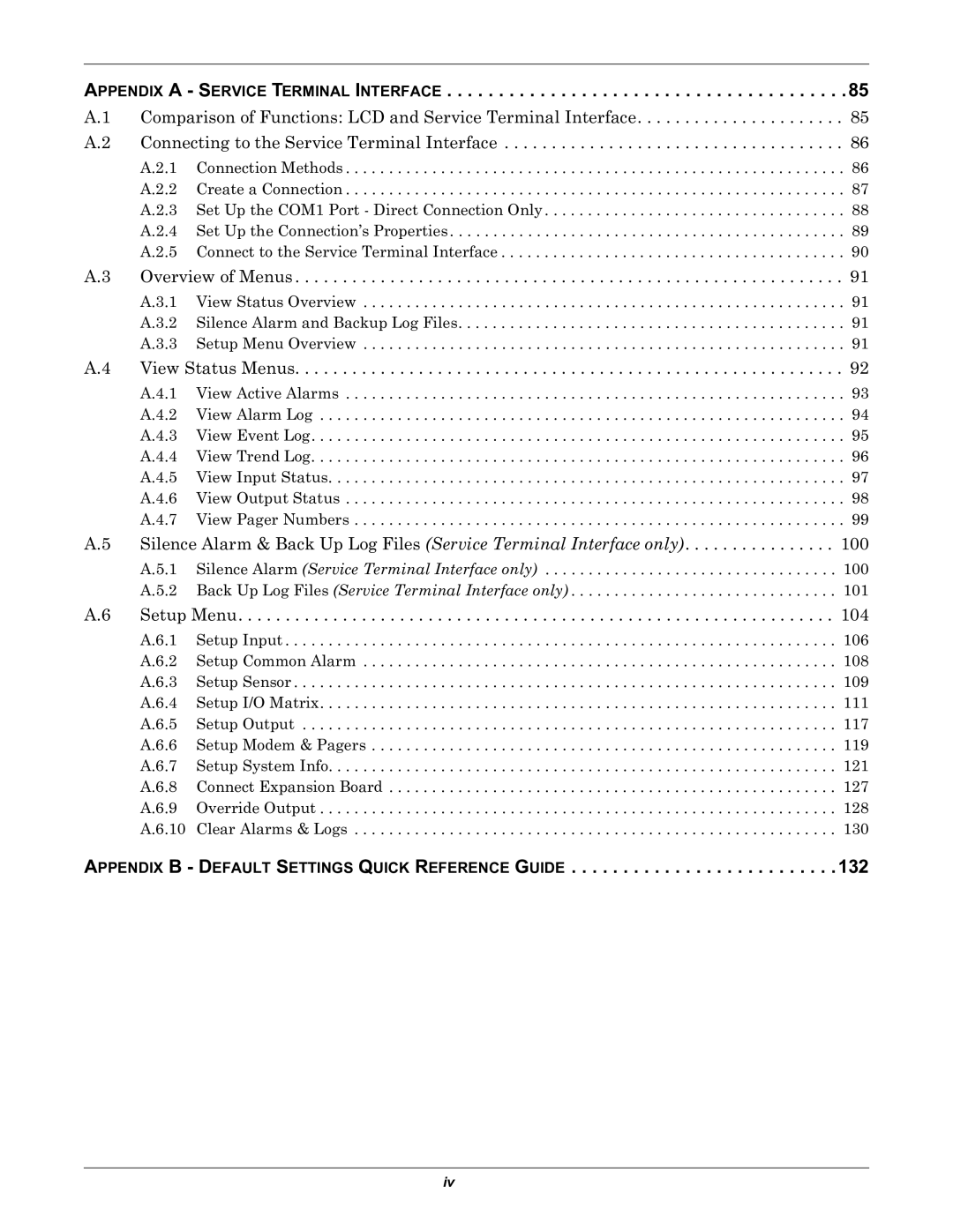 Liebert Universal Monitor Appendix a Service Terminal Interface, Appendix B Default Settings Quick Reference Guide 