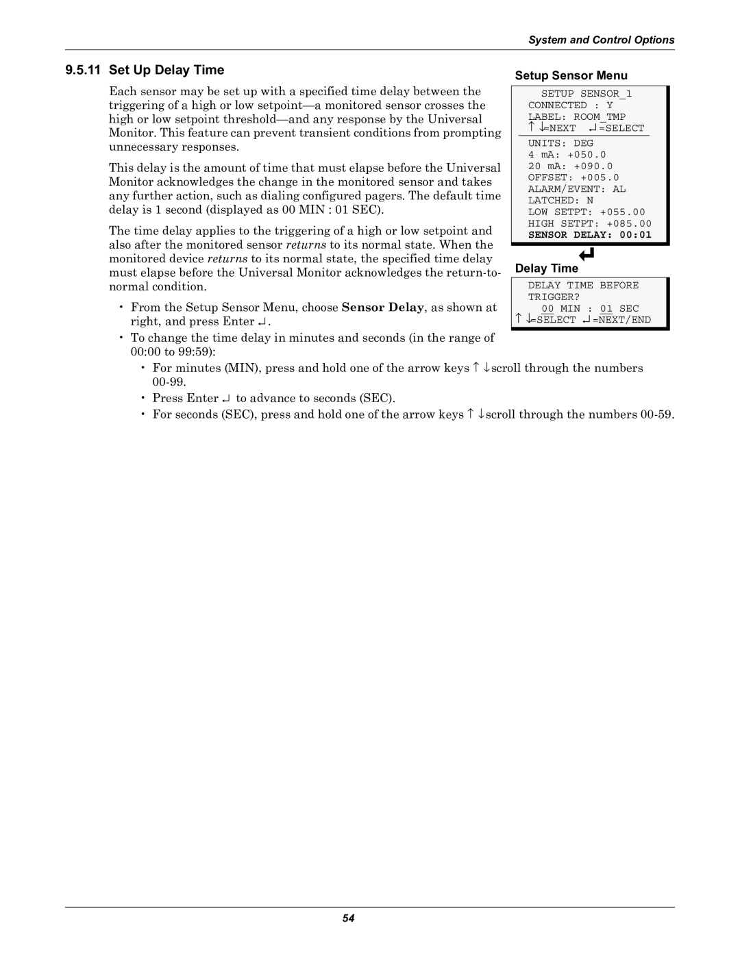 Liebert Universal Monitor user manual Set Up Delay Time, Sensor Delay 