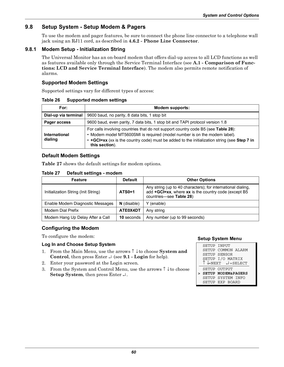 Liebert Universal Monitor Setup System Setup Modem & Pagers, Modem Setup Initialization String, Supported Modem Settings 