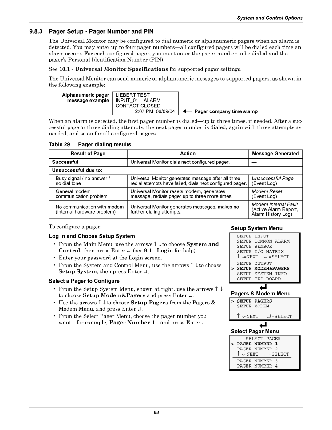 Liebert Universal Monitor user manual Pager Setup Pager Number and PIN, Pager dialing results, Select a Pager to Configure 