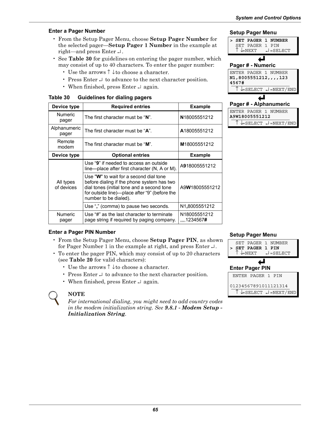 Liebert Universal Monitor Enter a Pager Number, Guidelines for dialing pagers, Enter a Pager PIN Number, Setup Pager Menu 