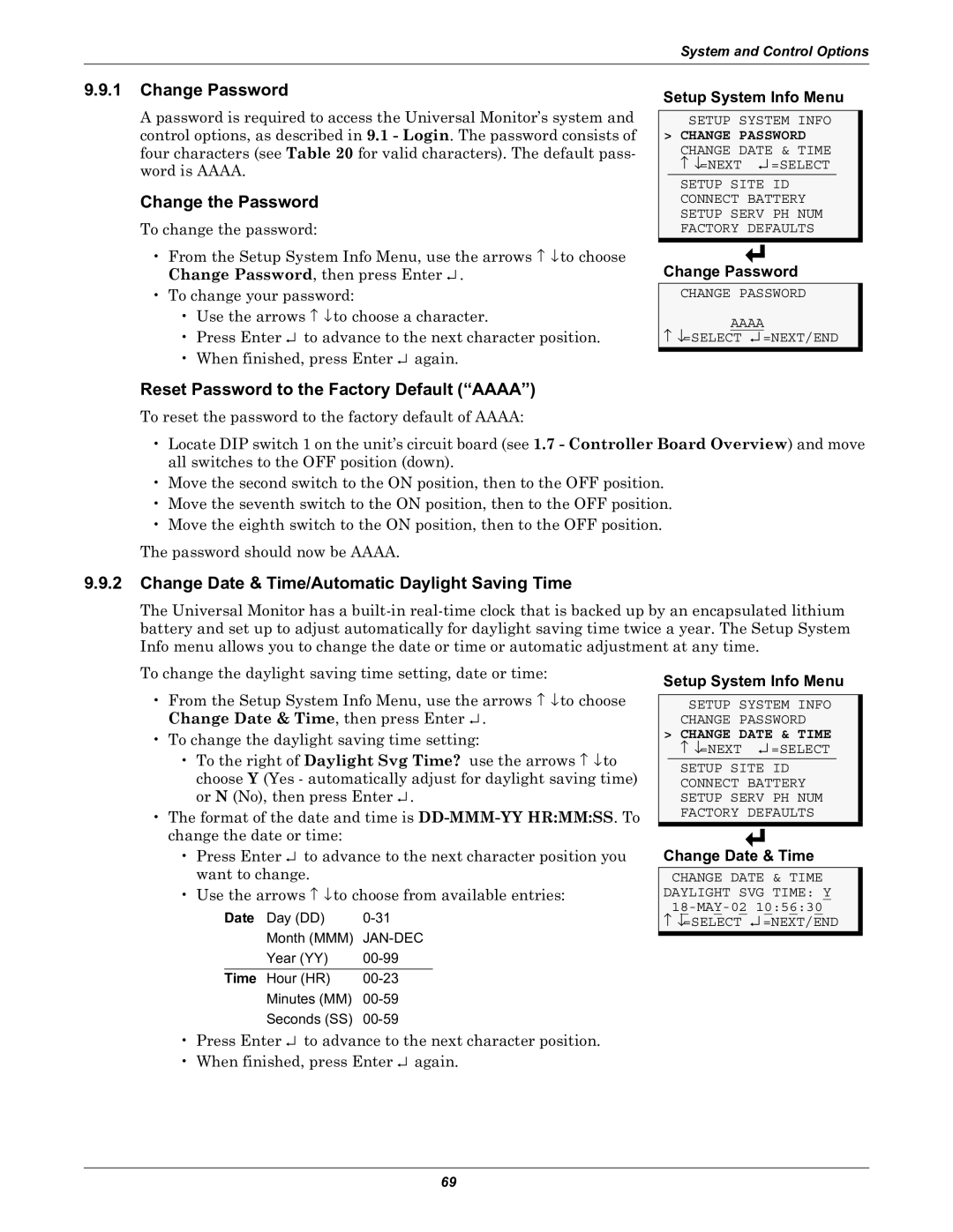 Liebert Universal Monitor user manual Change Password, Change the Password, Reset Password to the Factory Default Aaaa 