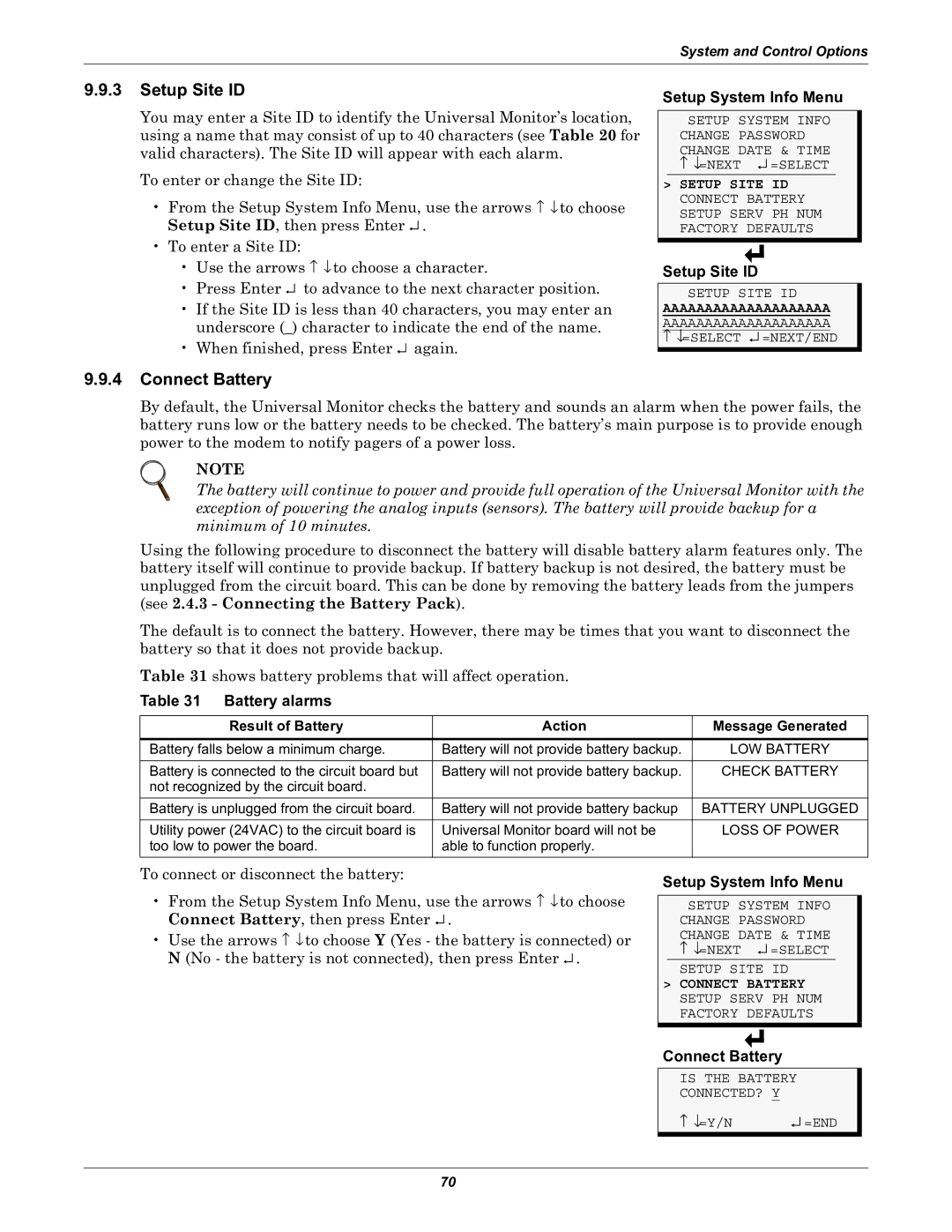 Liebert Universal Monitor user manual Setup Site ID, Connect Battery, Battery alarms 