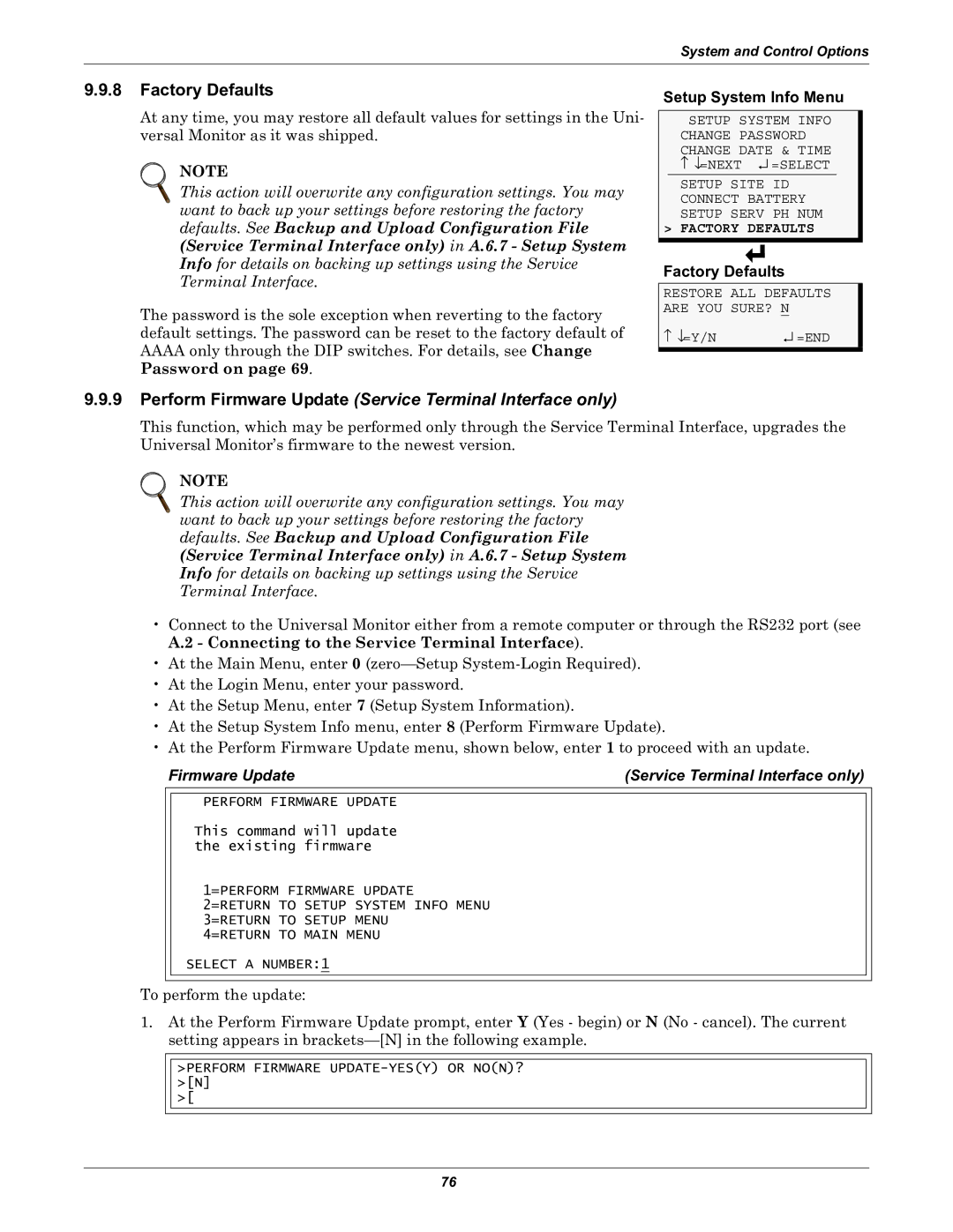 Liebert Universal Monitor user manual Factory Defaults, Firmware Update Service Terminal Interface only 