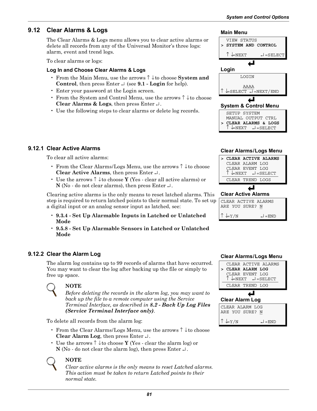 Liebert Universal Monitor user manual Clear Alarms & Logs, Clear Active Alarms, Clear the Alarm Log 