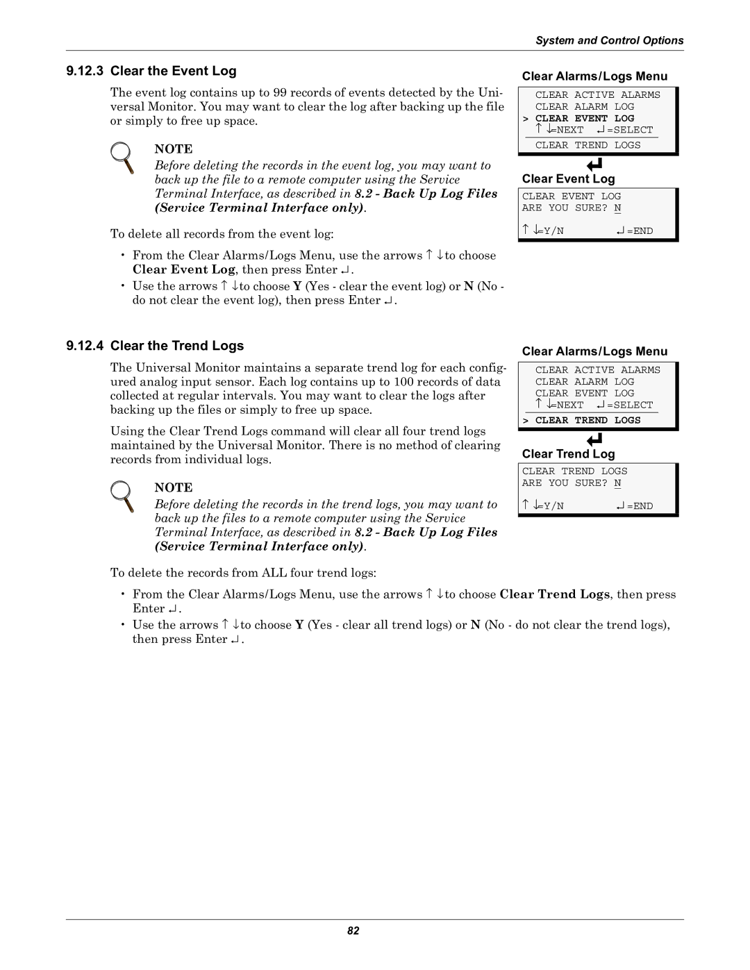 Liebert Universal Monitor user manual Clear the Event Log, Clear the Trend Logs, Clear Event Log, Clear Trend Log 