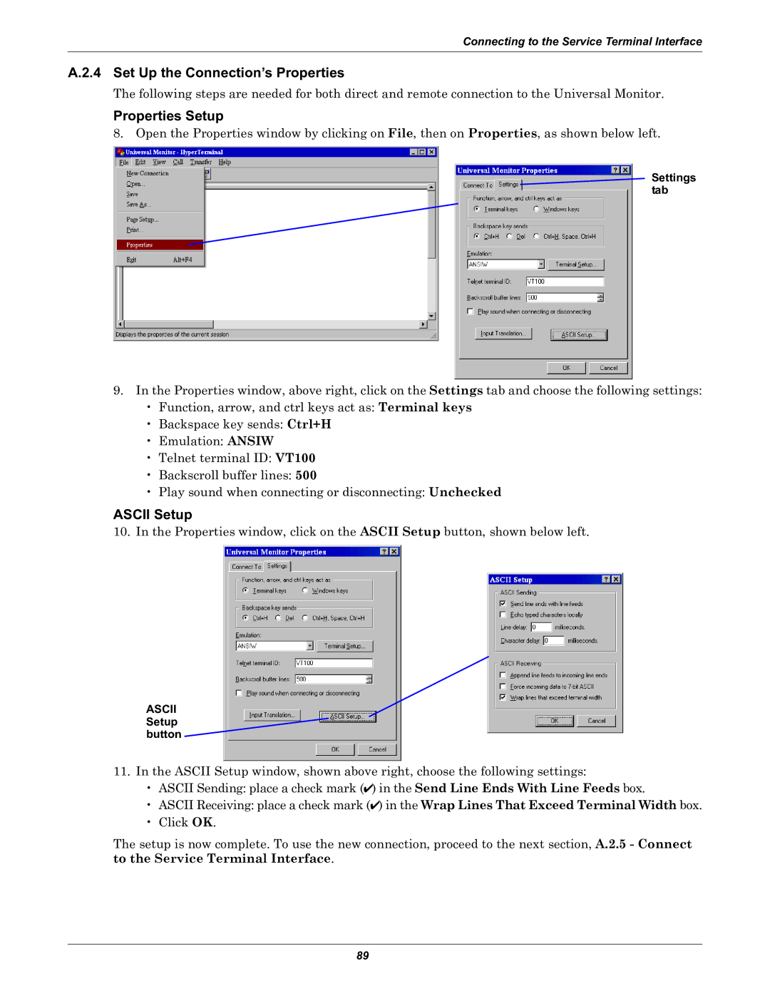 Liebert Universal Monitor user manual Set Up the Connection’s Properties, Properties Setup, Ascii Setup, Settings tab 