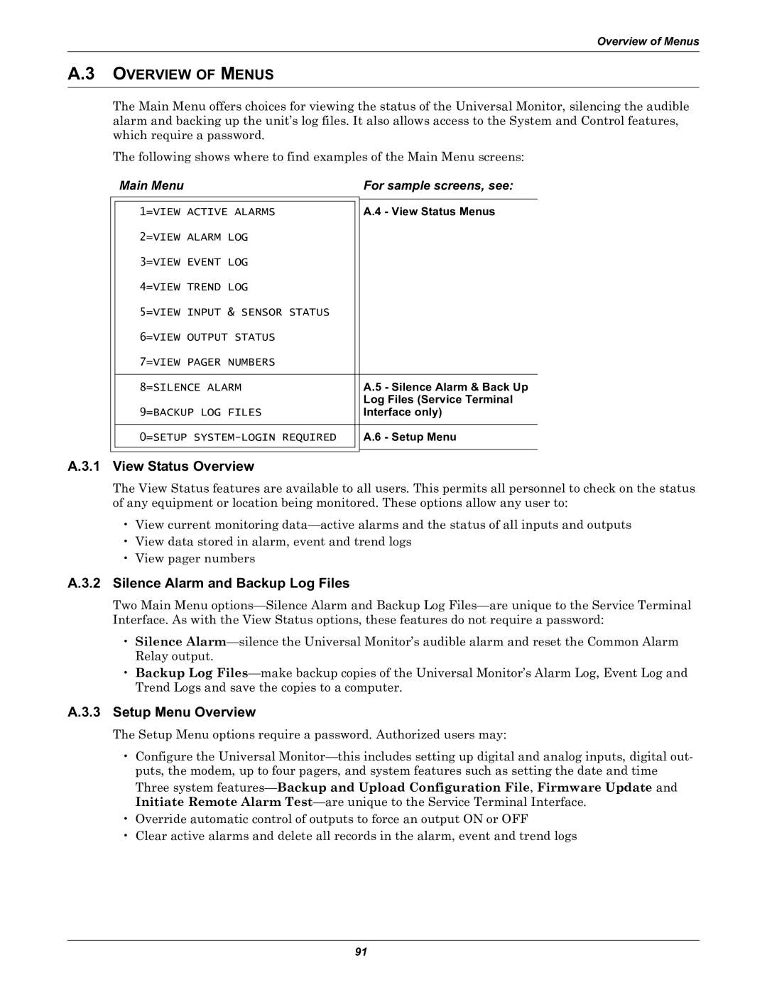 Liebert Universal Monitor user manual View Status Overview, Silence Alarm and Backup Log Files, Setup Menu Overview 