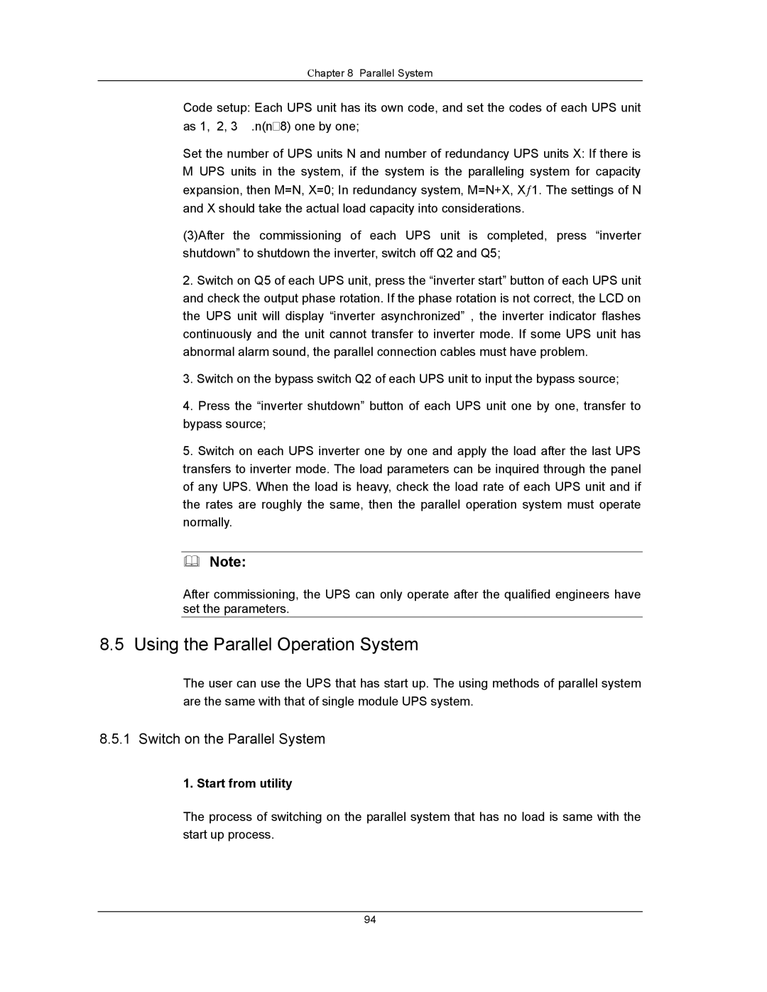 Liebert UPS System user manual Using the Parallel Operation System, Switch on the Parallel System 