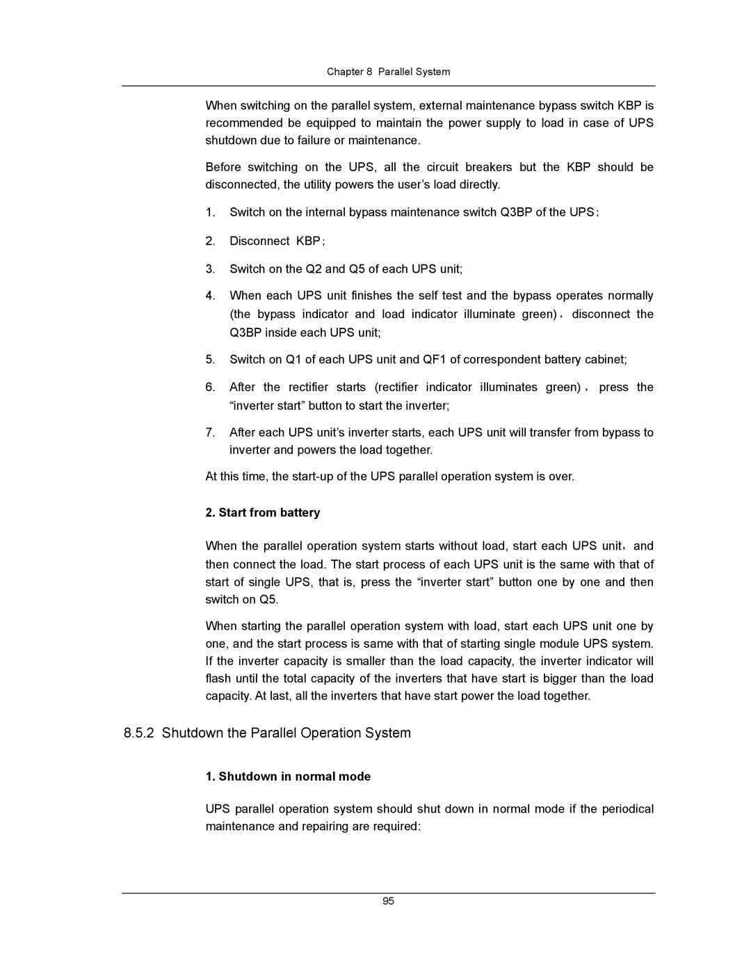 Liebert UPS System user manual Shutdown the Parallel Operation System, Start from battery 