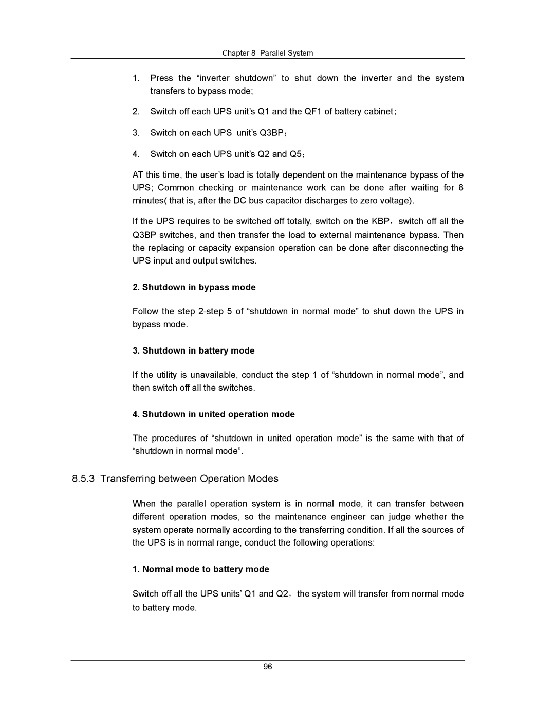 Liebert UPS System user manual Shutdown in united operation mode, Normal mode to battery mode 