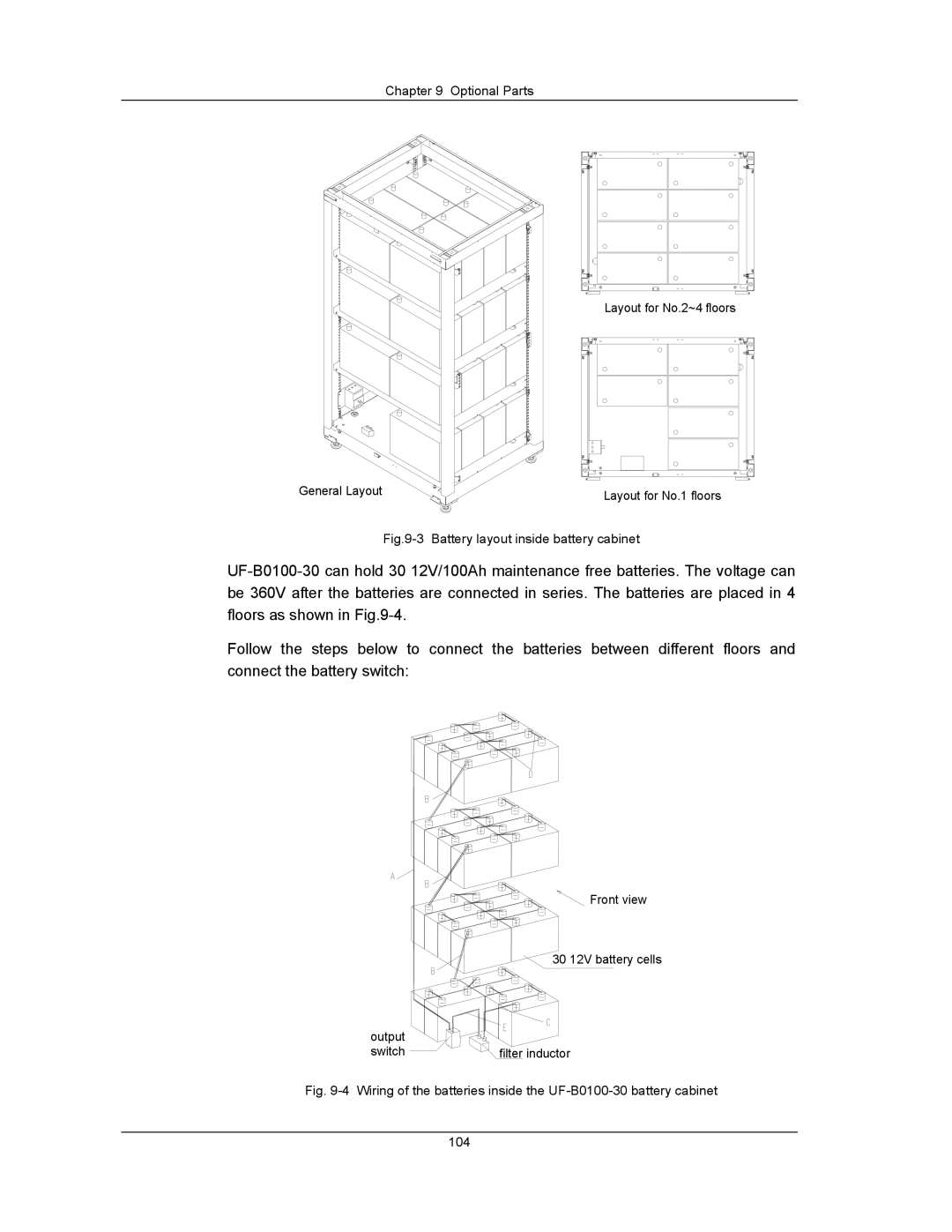 Liebert UPS System user manual Battery layout inside battery cabinet 