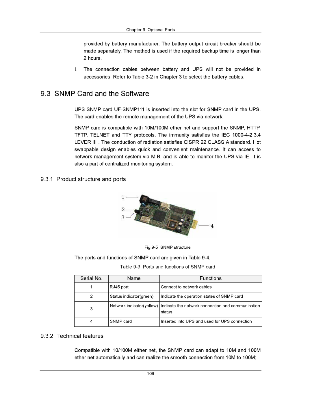 Liebert UPS System user manual Snmp Card and the Software, Product structure and ports, Technical features 