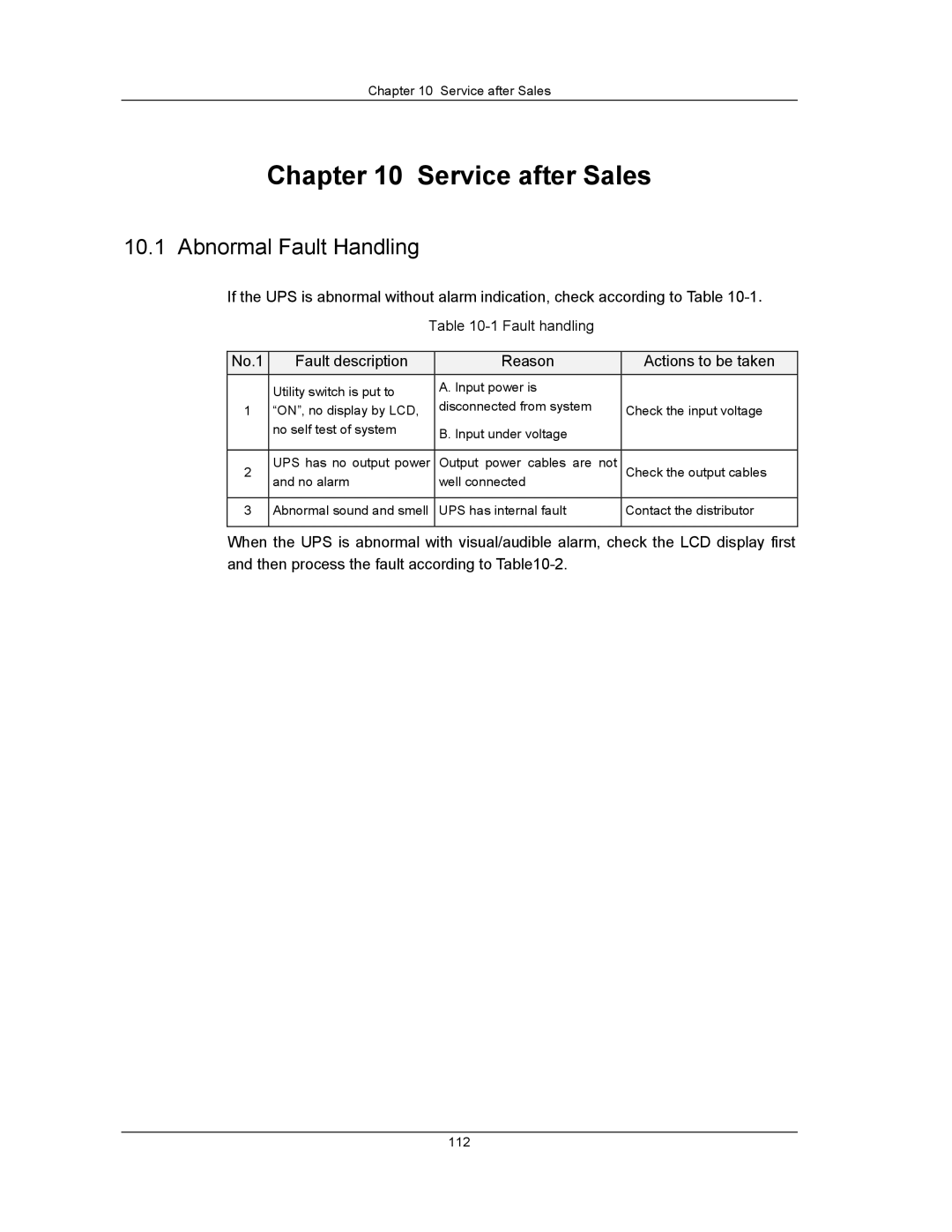 Liebert UPS System user manual Service after Sales, Abnormal Fault Handling 