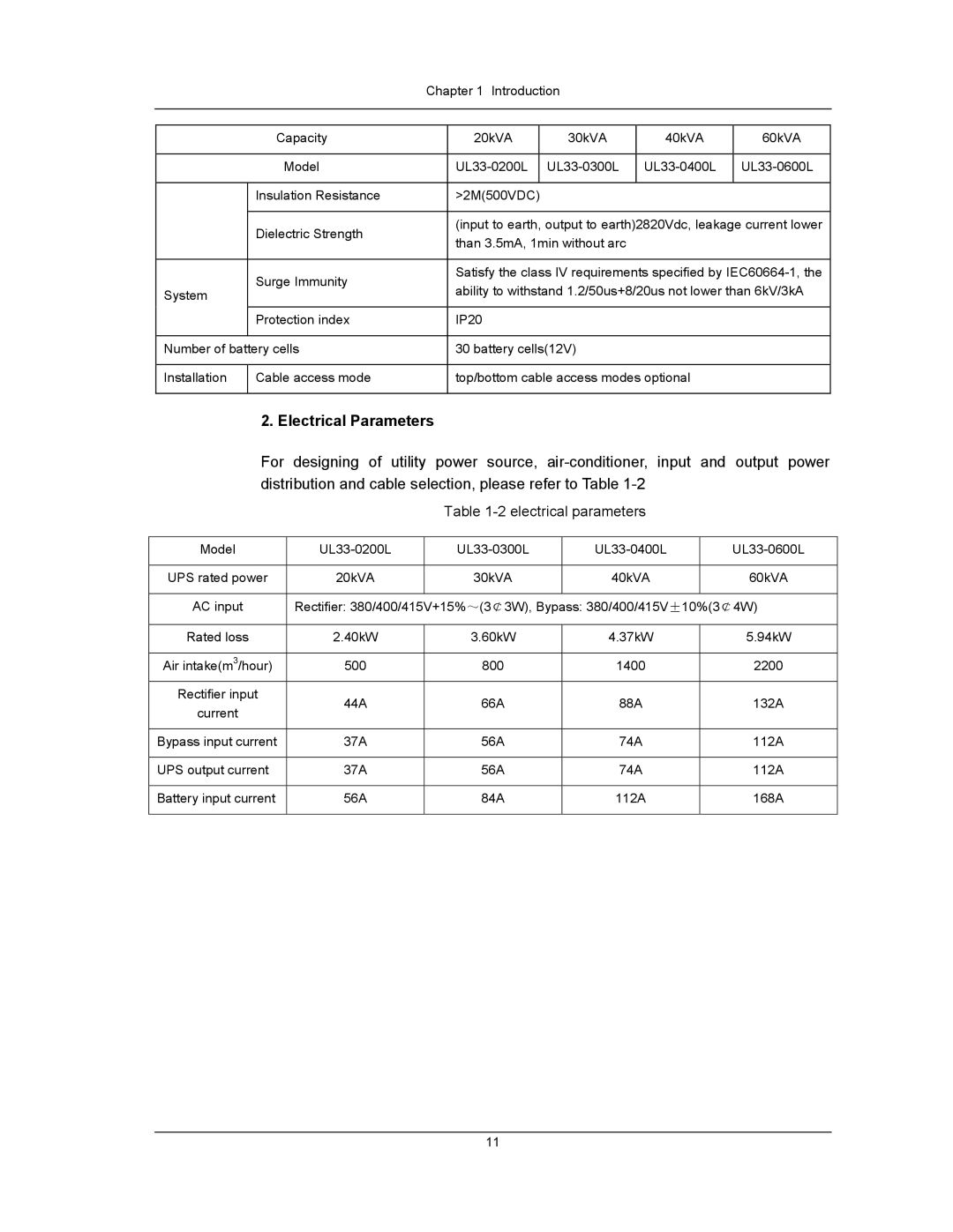 Liebert UPS System user manual Electrical Parameters 