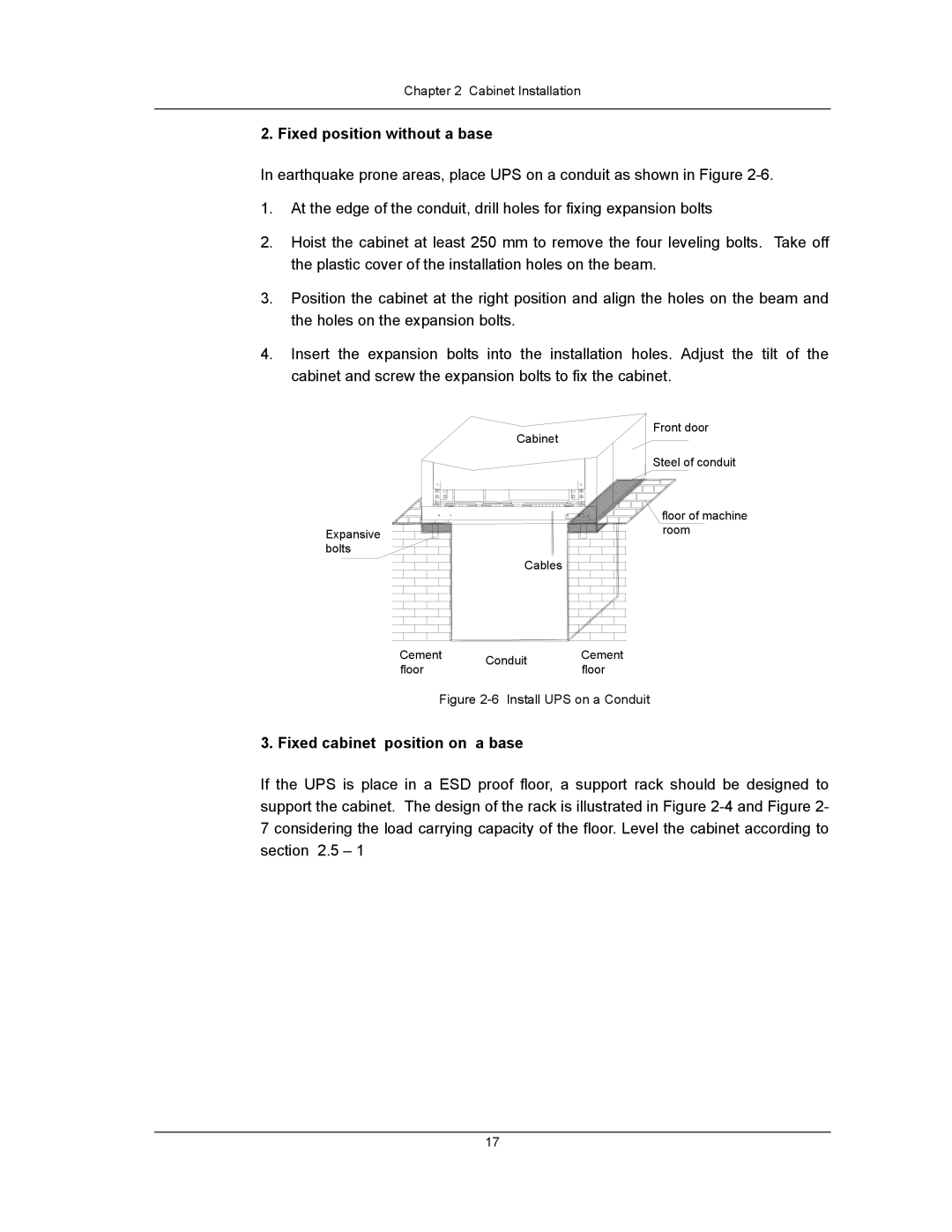 Liebert UPS System user manual Fixed position without a base, Fixed cabinet position on a base 