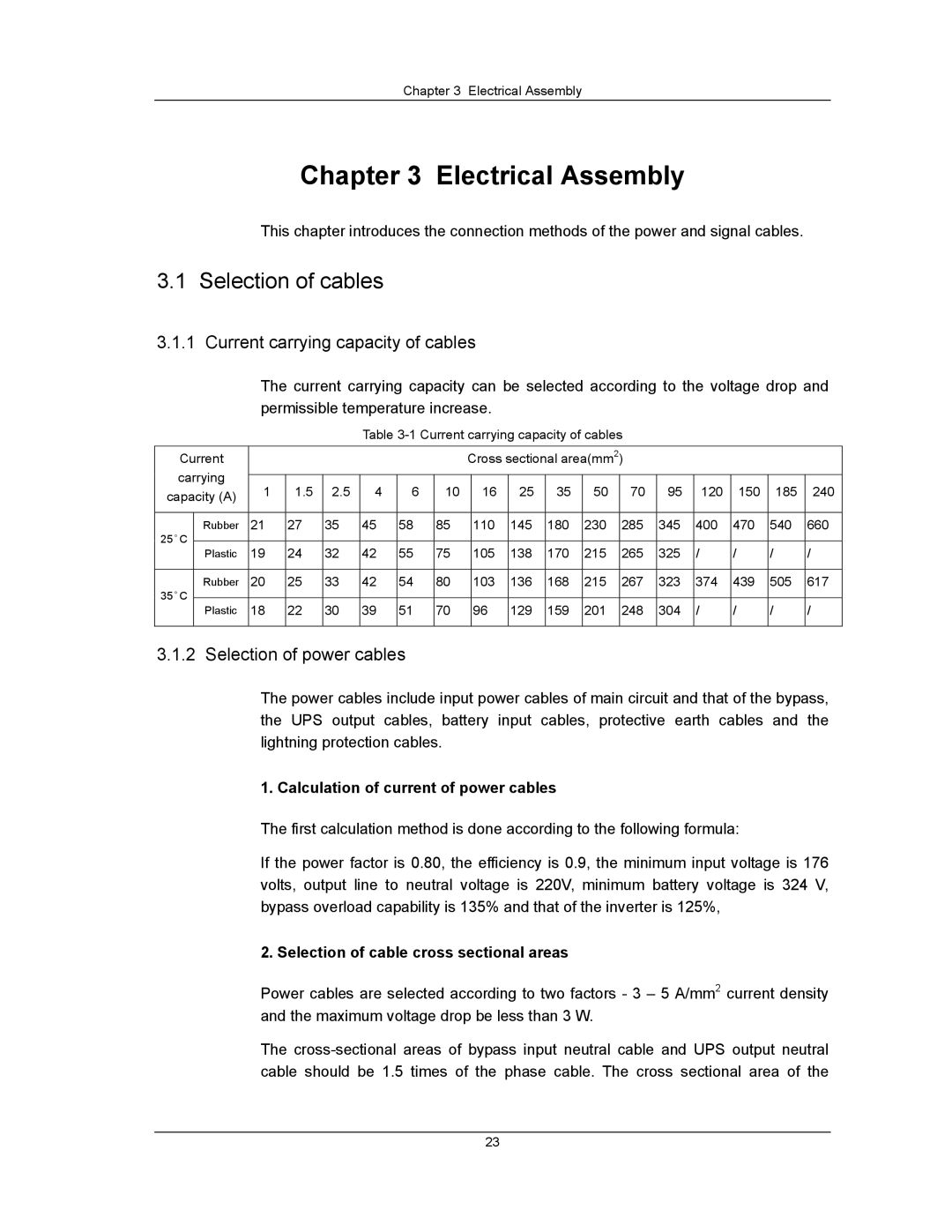 Liebert UPS System user manual Selection of cables, Current carrying capacity of cables, Selection of power cables 