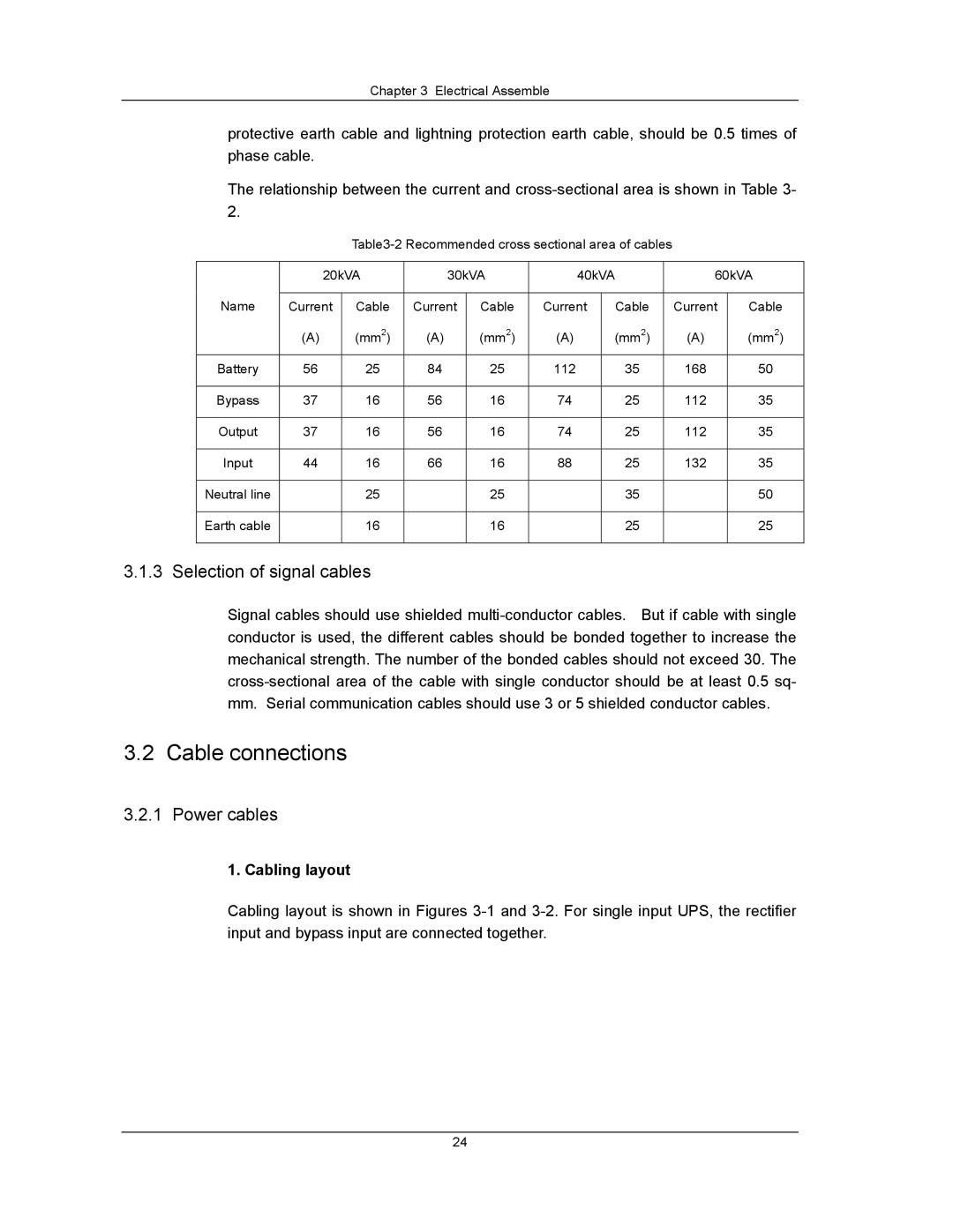 Liebert UPS System user manual Cable connections, Selection of signal cables, Power cables, Cabling layout 